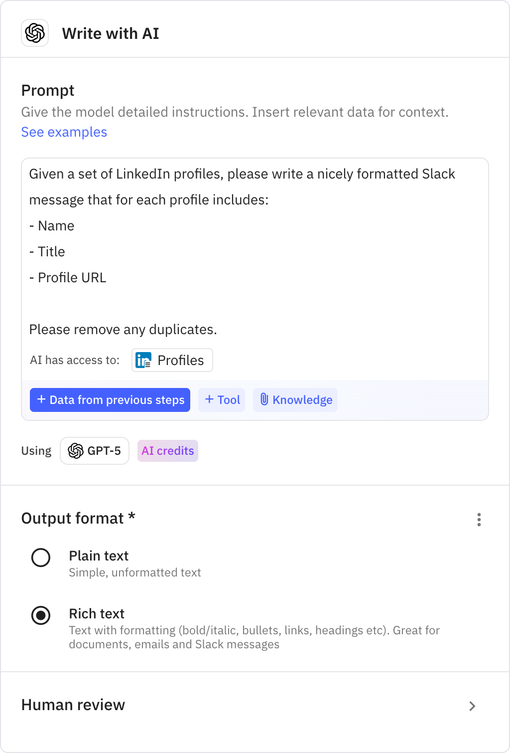 Relay.app screenshot of: Write with AI