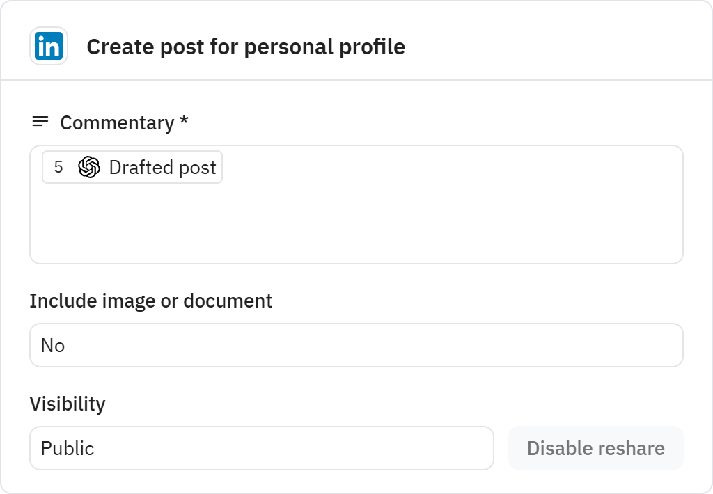 Relay.app screenshot of: Create post for personal profile