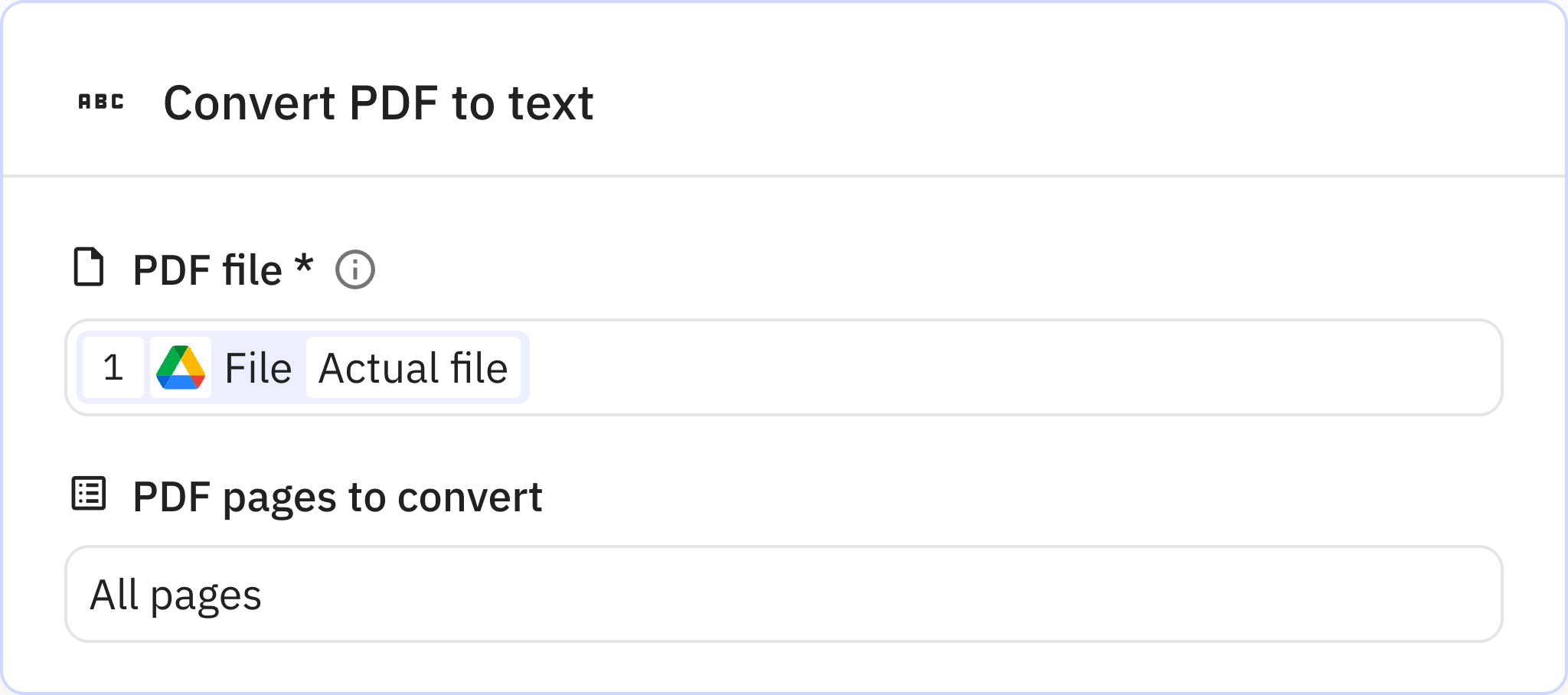 Relay.app screenshot of: Convert PDF to text