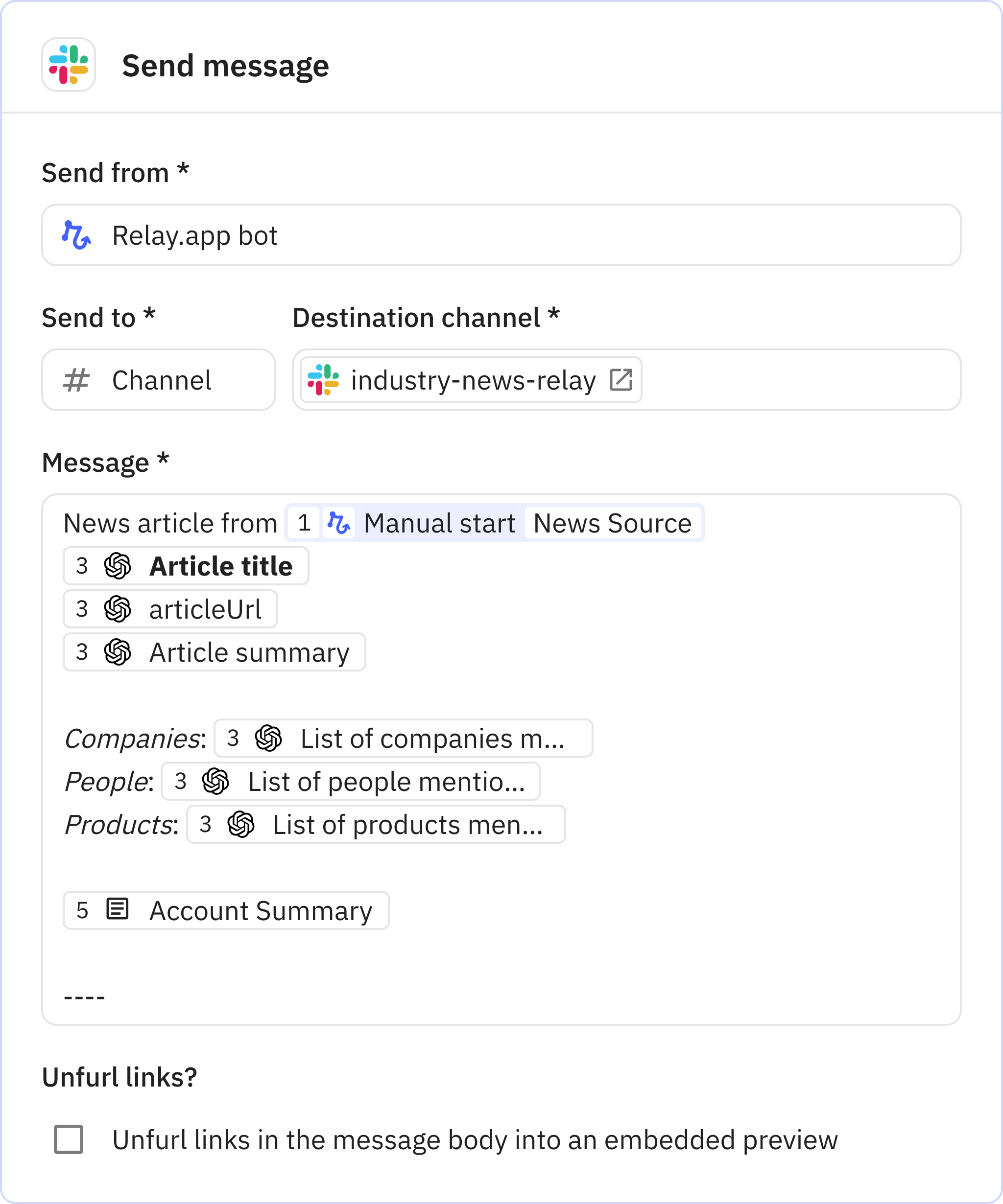 Relay.app screenshot of: Send message