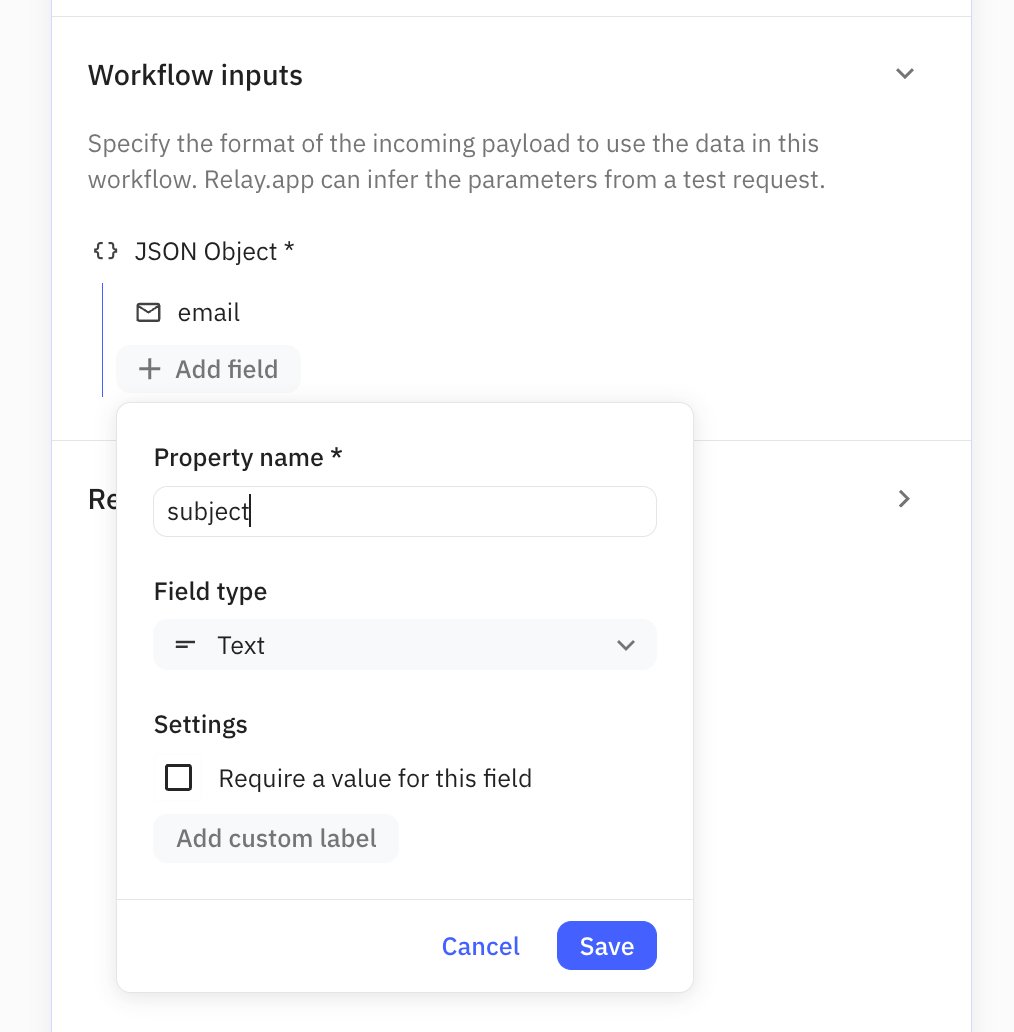 Manually define workflow inputs by building the expected JSON object in the payload