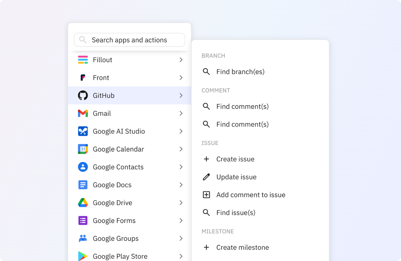 Preview of Use any of these GitHub actions in your Relay.app workflows