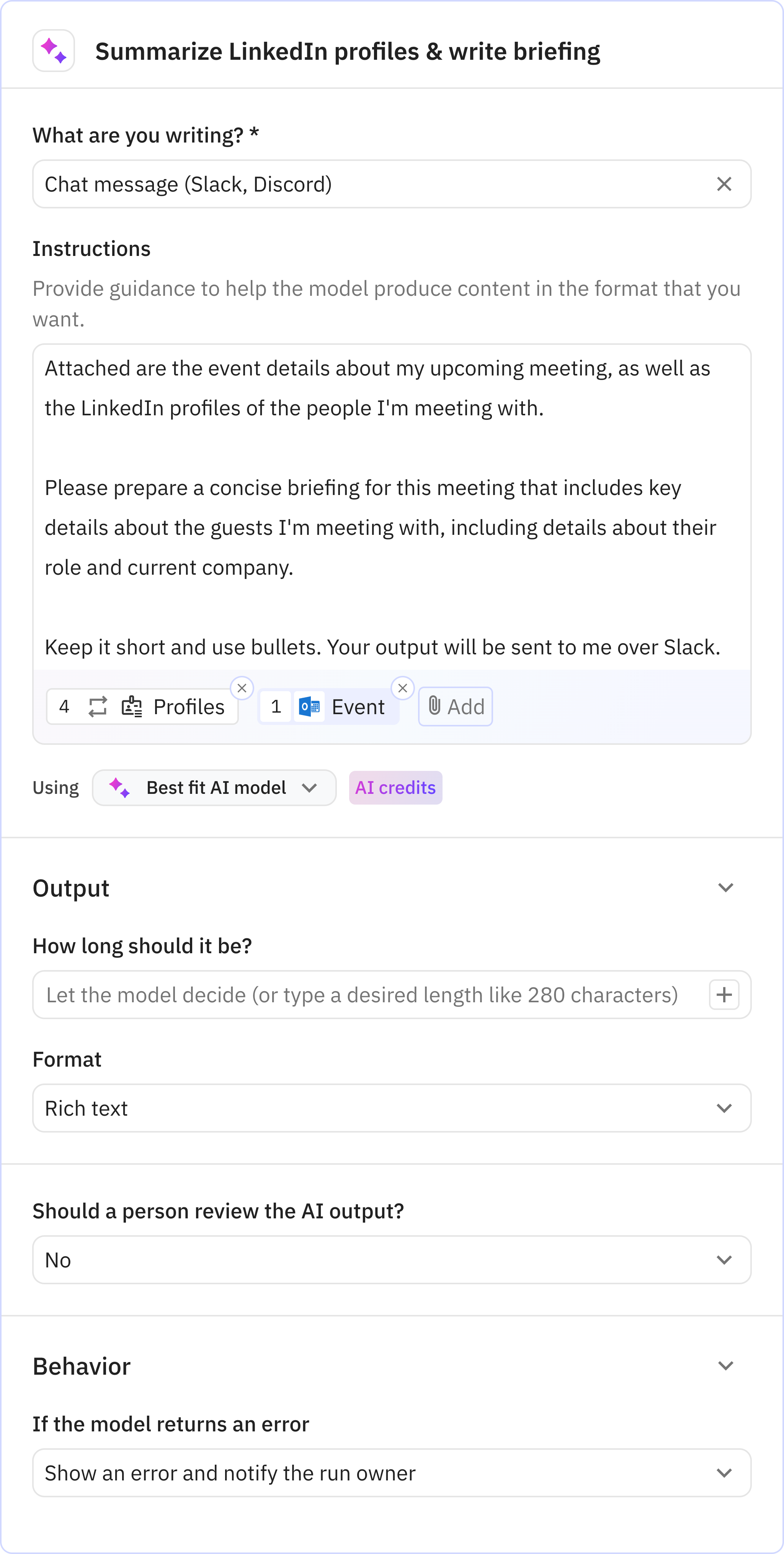 Relay.app screenshot of: Summarize LinkedIn profiles & write briefing