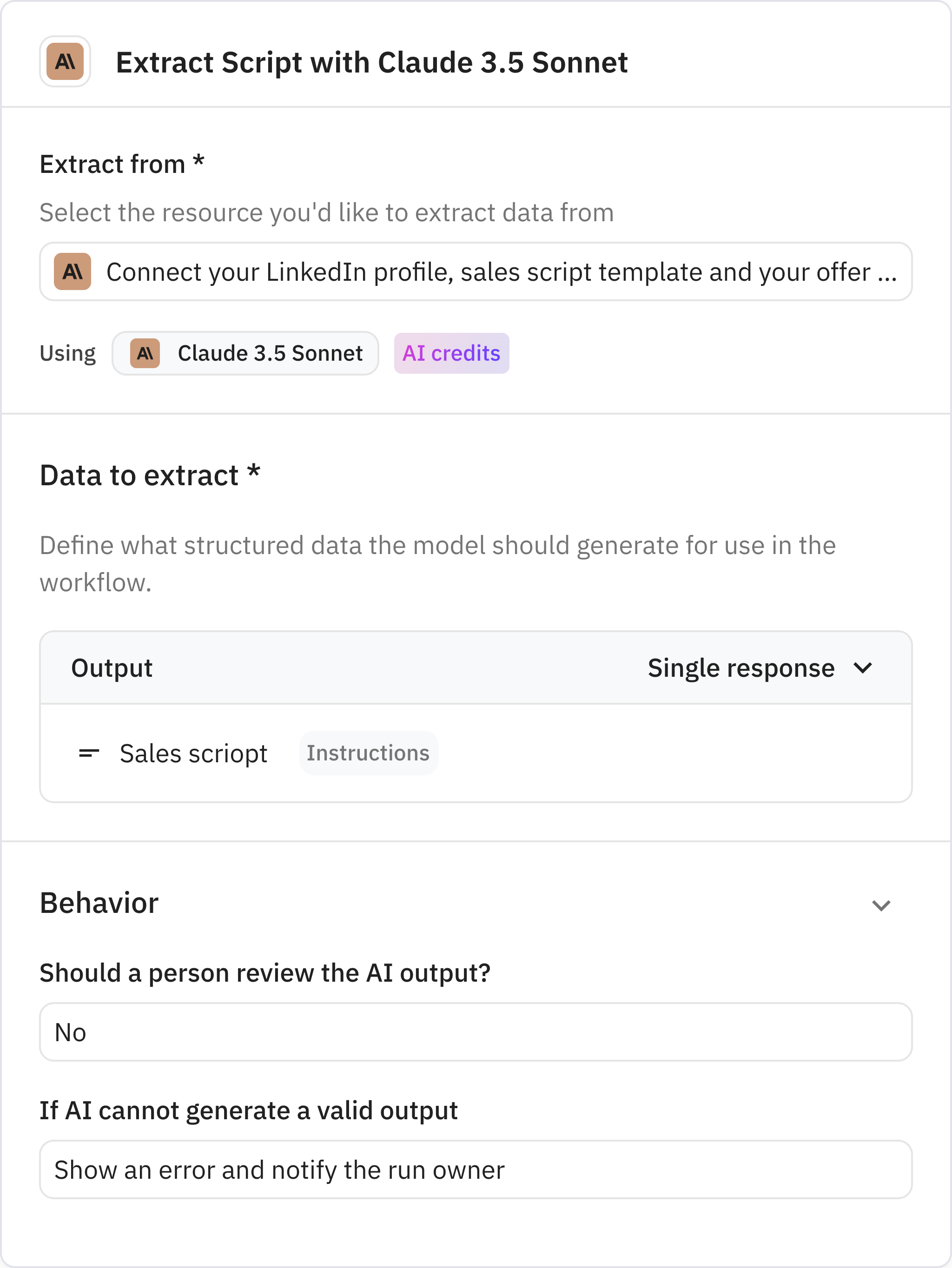 Relay.app screenshot of: Extract Script with Claude 3.5 Sonnet