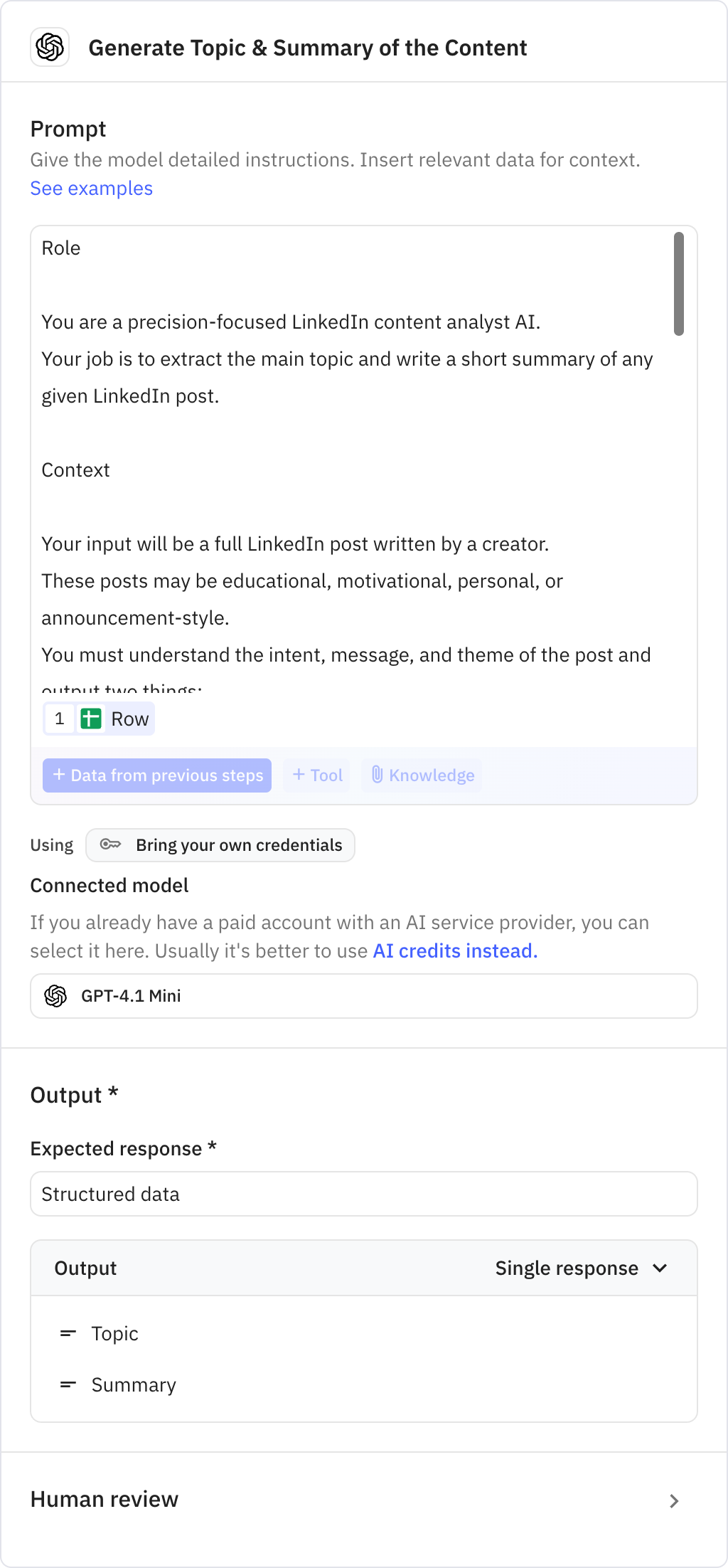 Relay.app screenshot of: Generate Topic & Summary of the Content