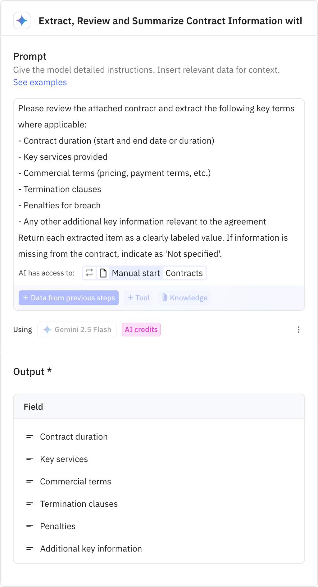 Relay.app screenshot of: Extract, Review and Summarize Contract Information with AI