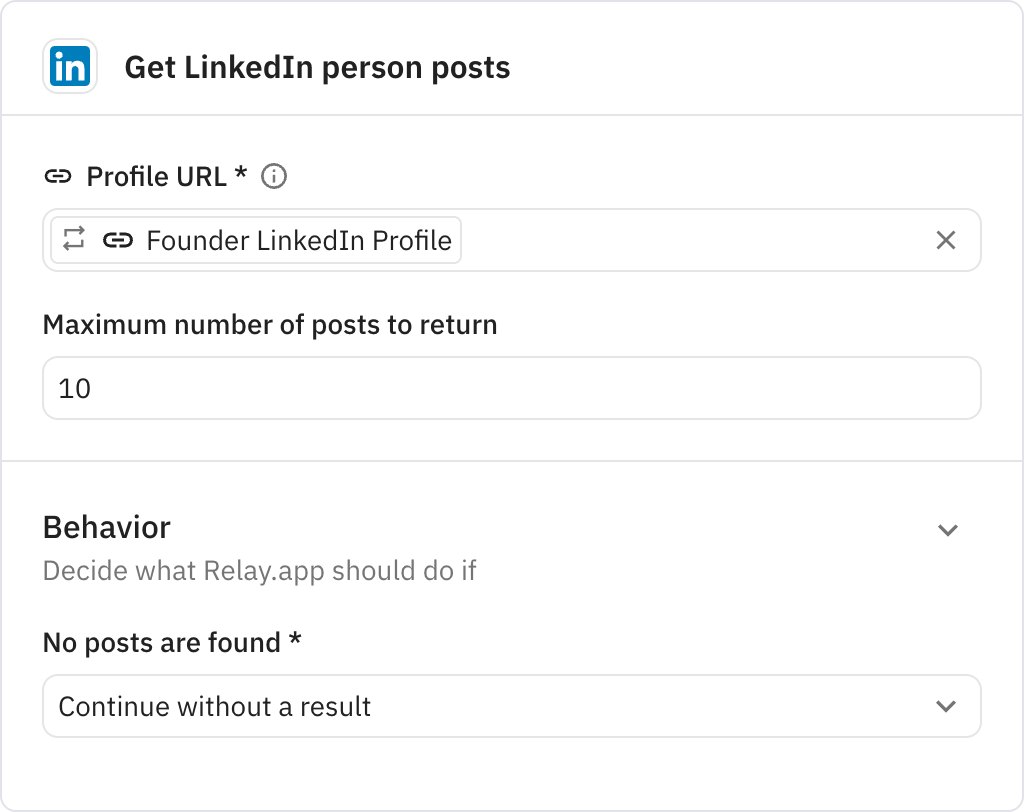 Relay.app screenshot of: Get LinkedIn person posts
