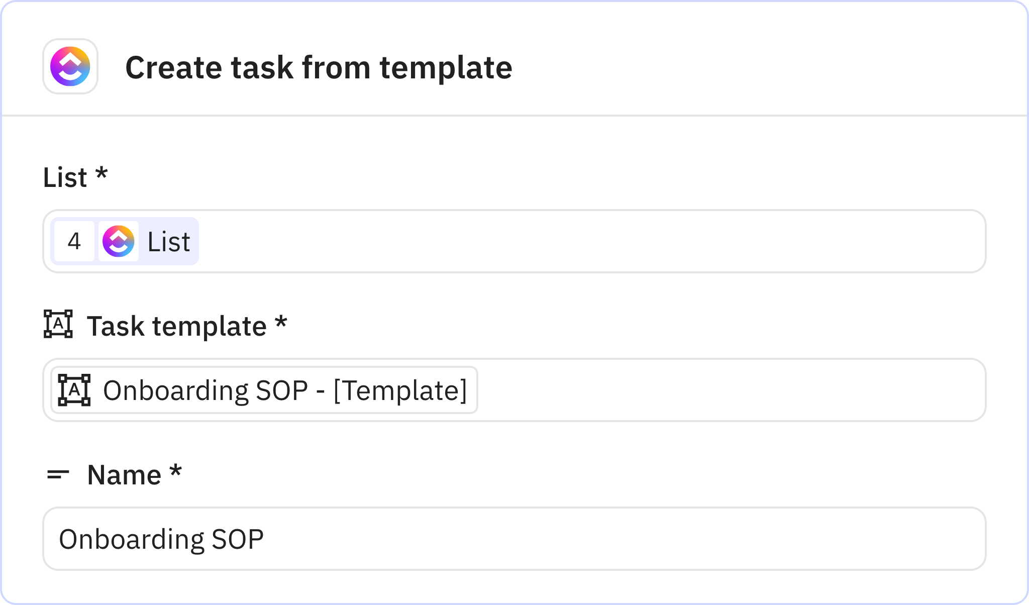 Relay.app screenshot of: Create task from template