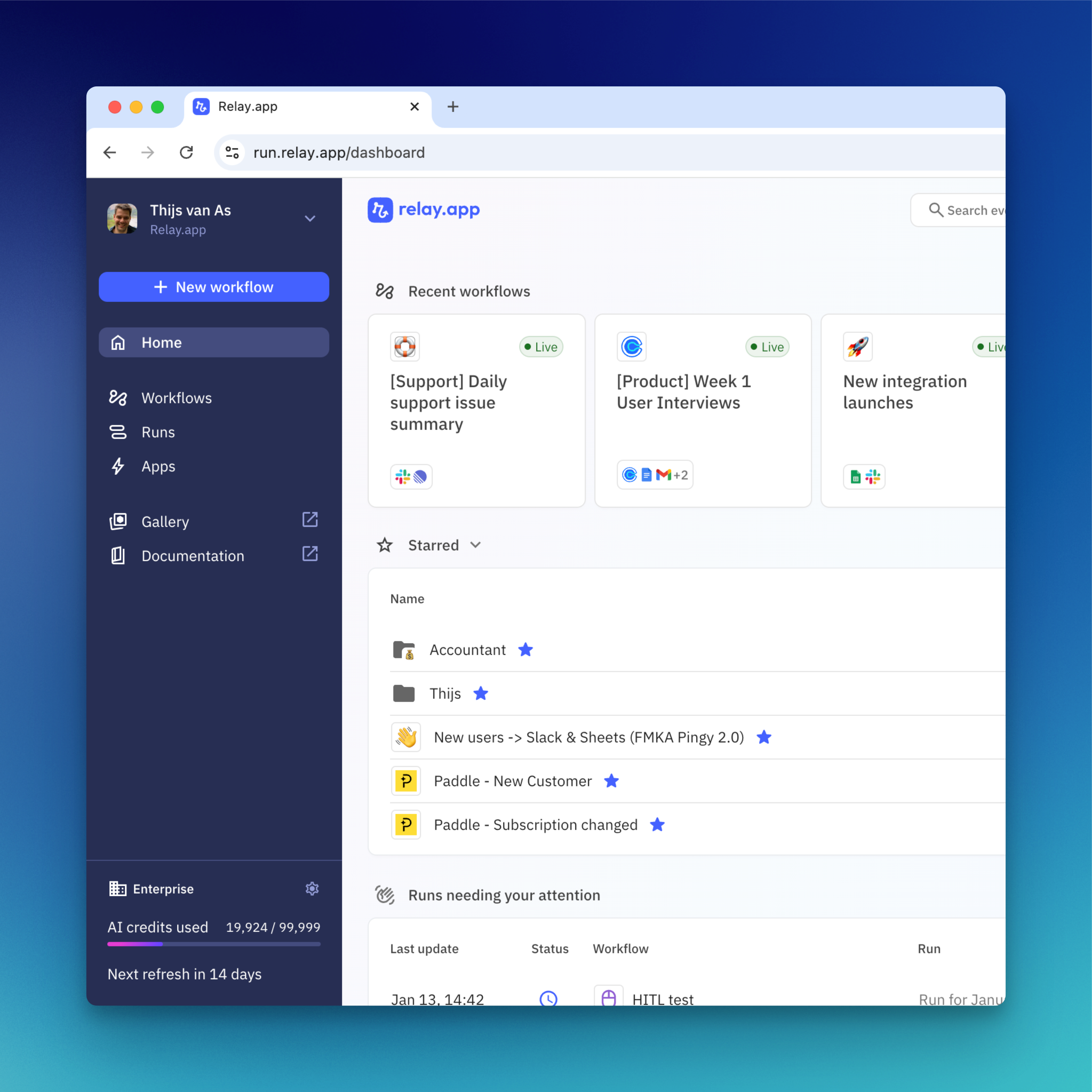 The redesigned Home screen in Relay.app featuring quick access recent & starred workflows, plus runs that need your attention