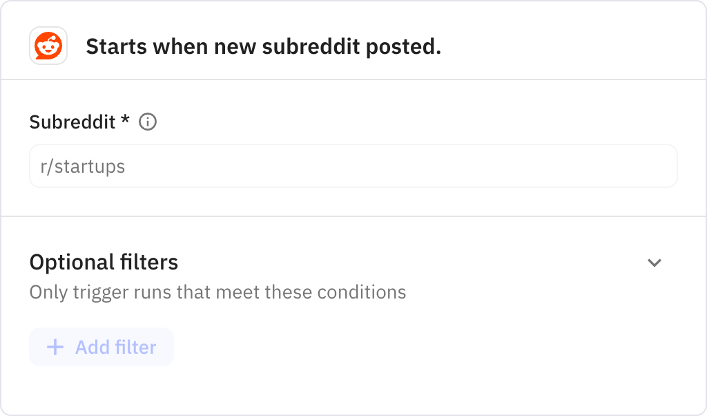 Relay.app screenshot of: Starts when new subreddit posted.
