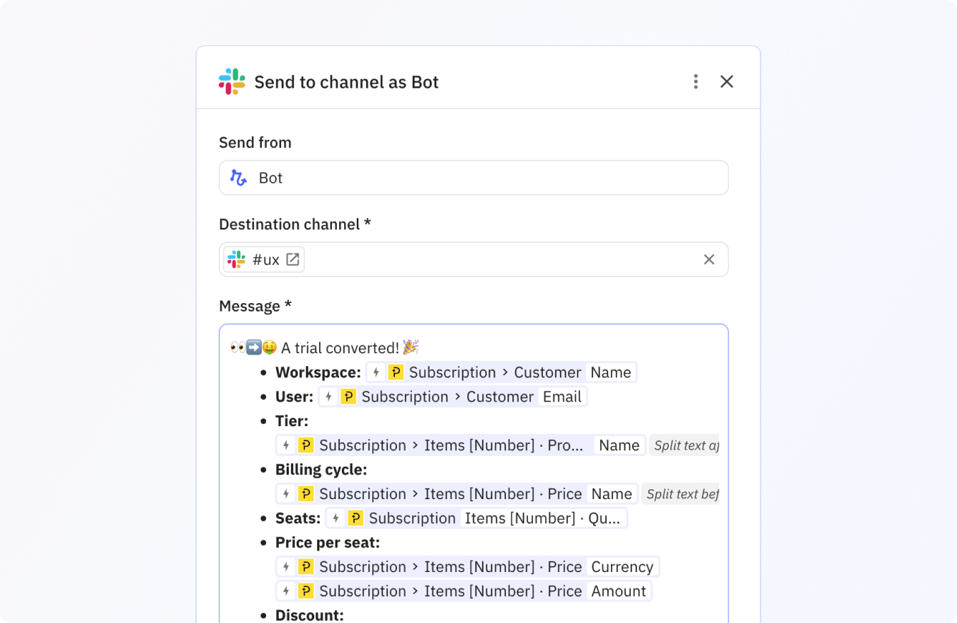Preview of Send as a bot or from your own account and customize your message using variables.