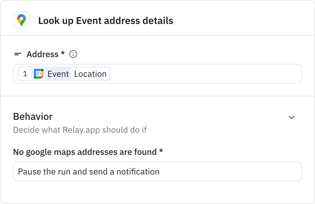 Relay.app screenshot of: Look up Event address details