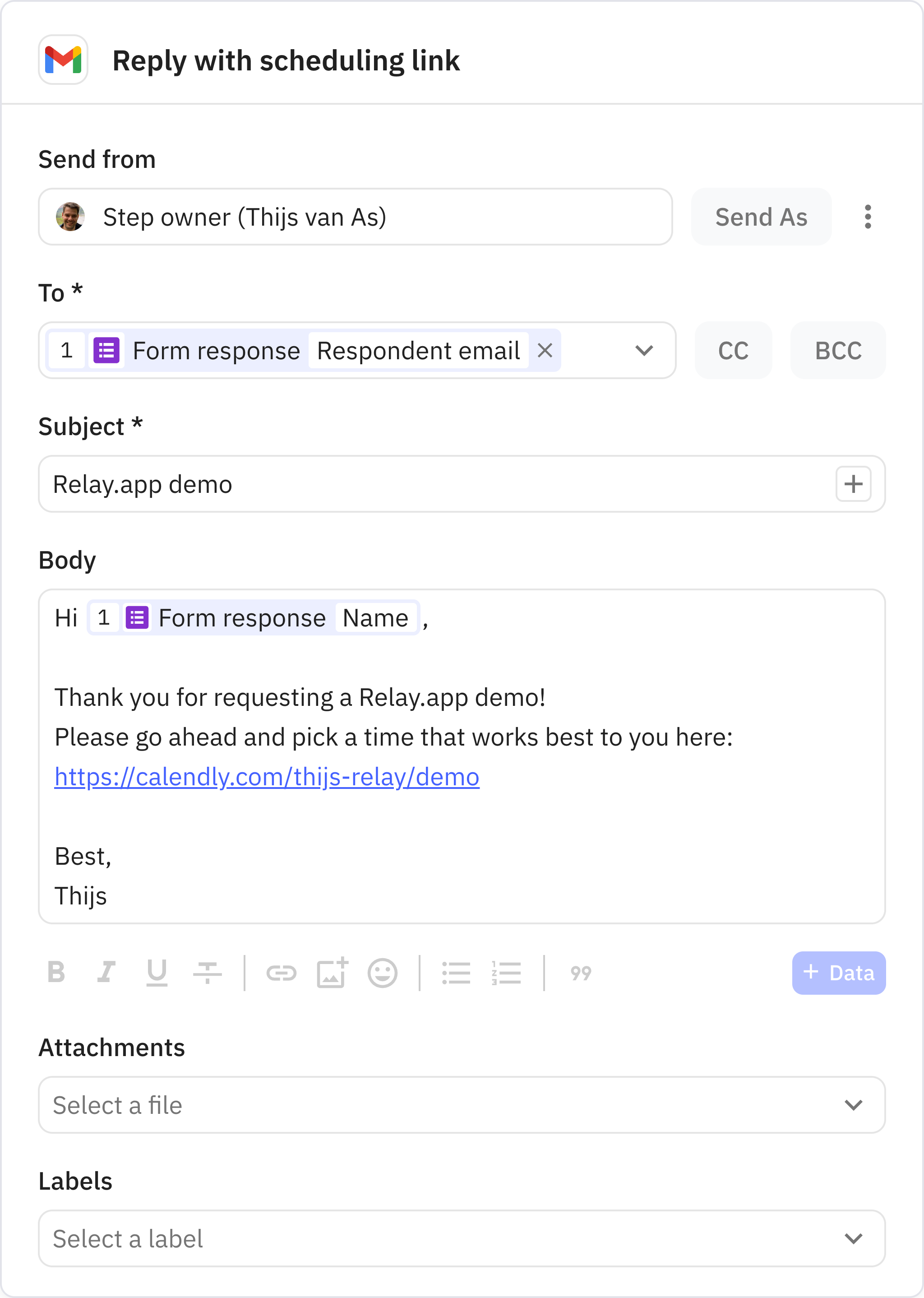 Relay.app screenshot of: Reply with scheduling link