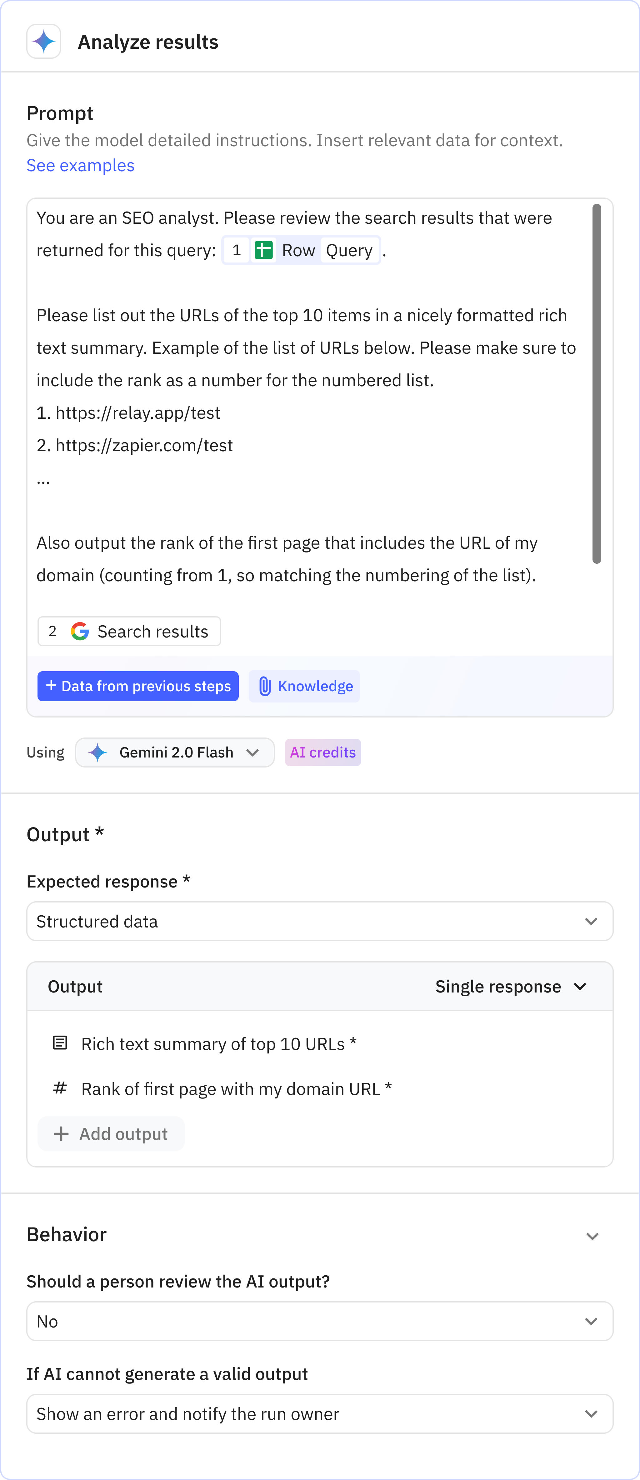 Relay.app screenshot of: Analyze results