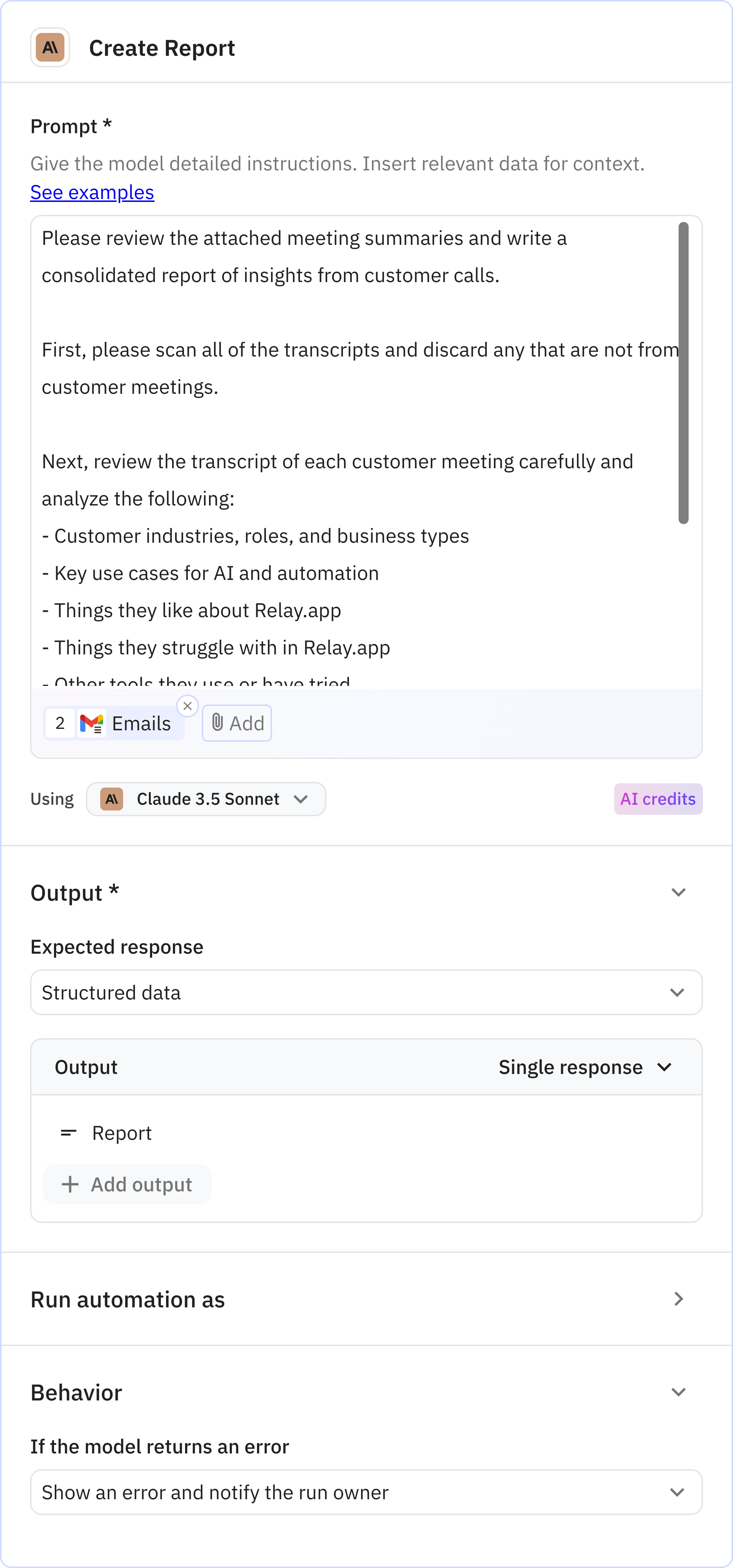 Relay.app screenshot of: Create Report