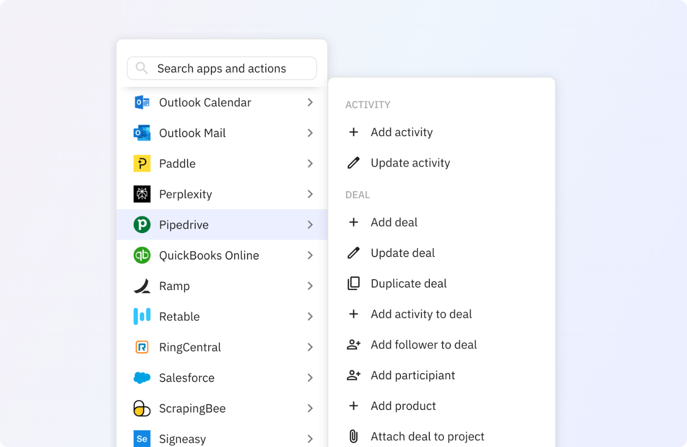 Preview of Use any of these Pipedrive actions in your Relay.app workflows