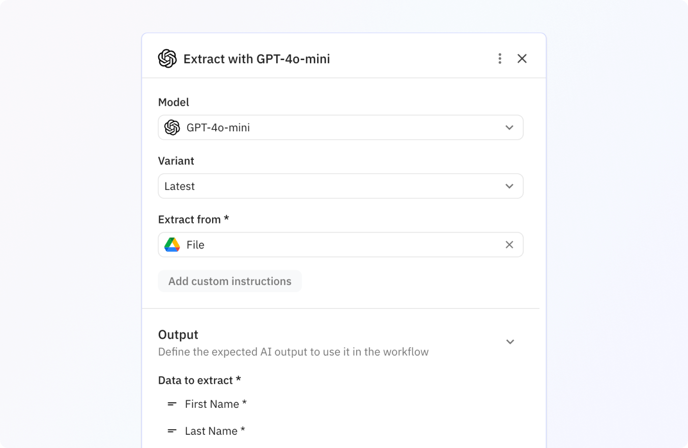 Preview of Extract information from any file using the AI extract step.