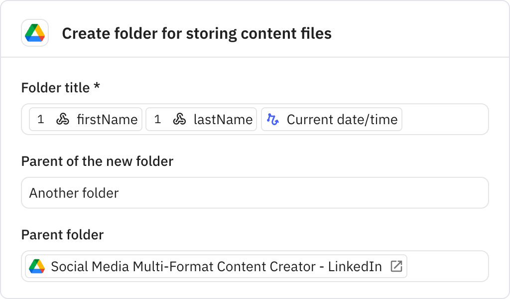 Relay.app screenshot of: Create folder for storing content files