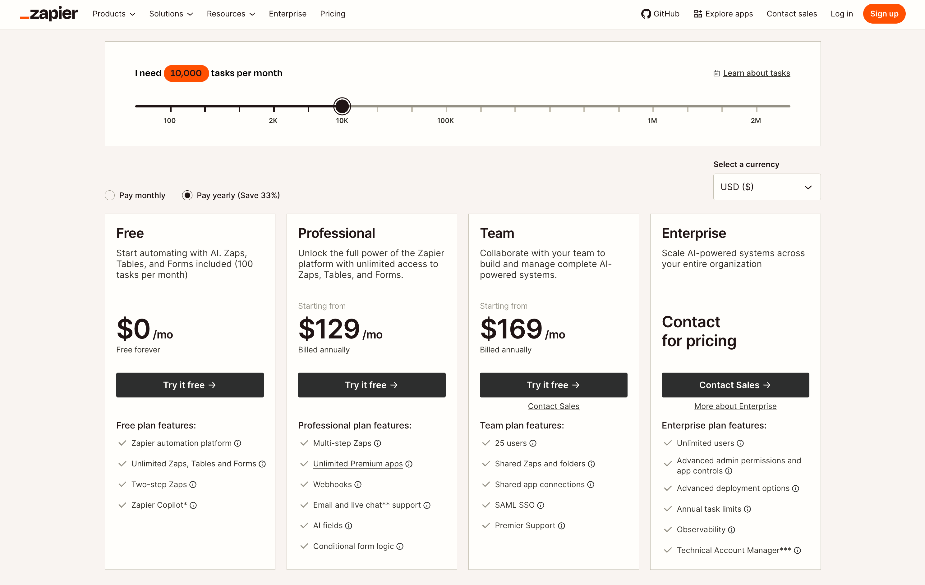 Zapier pricing page
