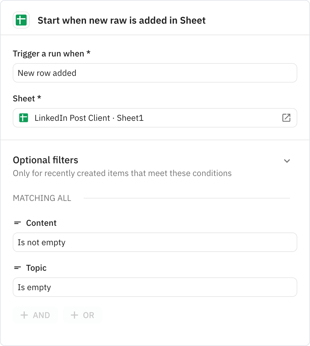 Relay.app screenshot of: Start when new raw is added in Sheet