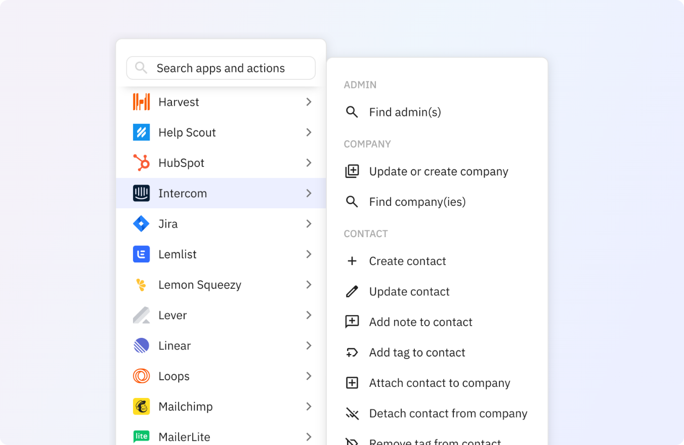 Preview of Use any of these Intercom actions in your Relay.app workflows