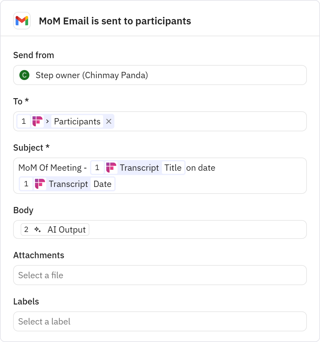 Relay.app screenshot of: MoM Email is sent to participants