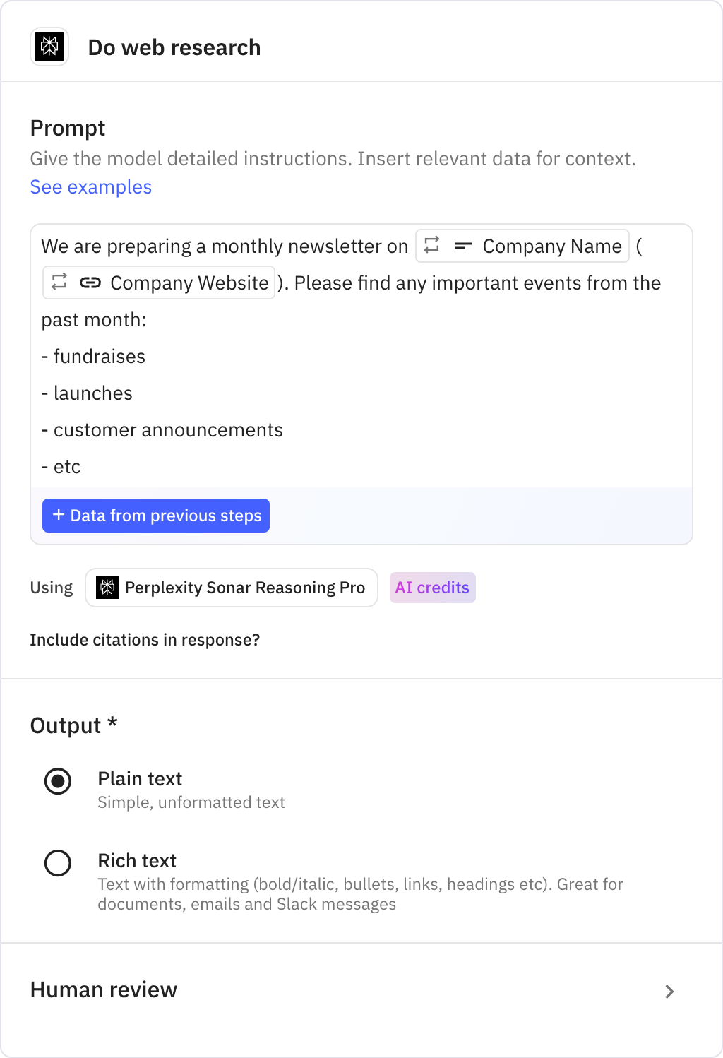 Relay.app screenshot of: Do web research