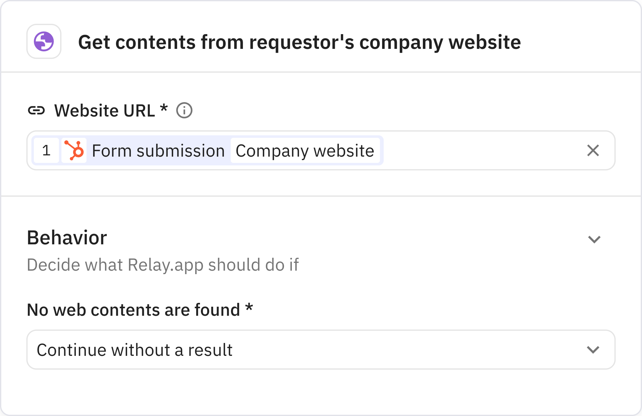 Relay.app screenshot of: Get contents from requestor's company website