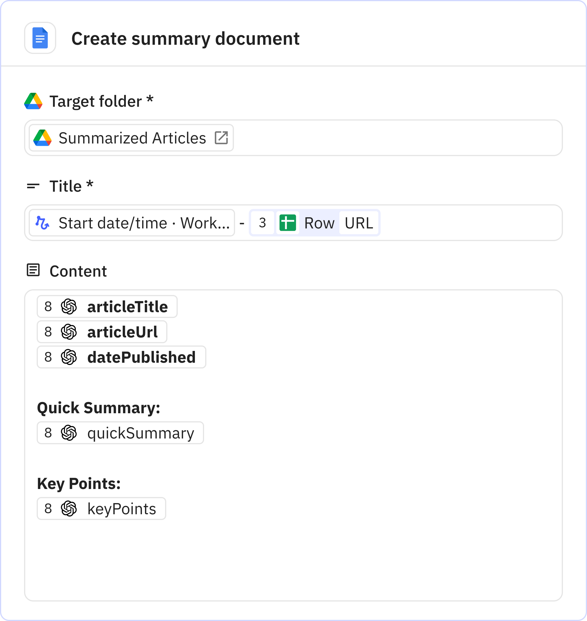 Relay.app screenshot of: Create summary document