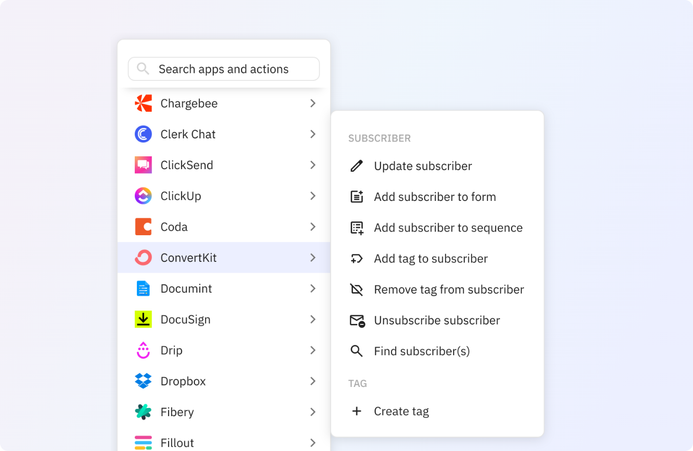 Preview of Use any of these ConvertKit actions in your Relay.app workflows.