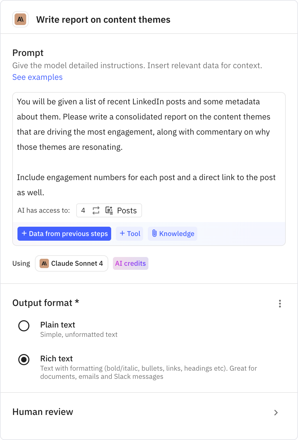 Relay.app screenshot of: Write report on content themes