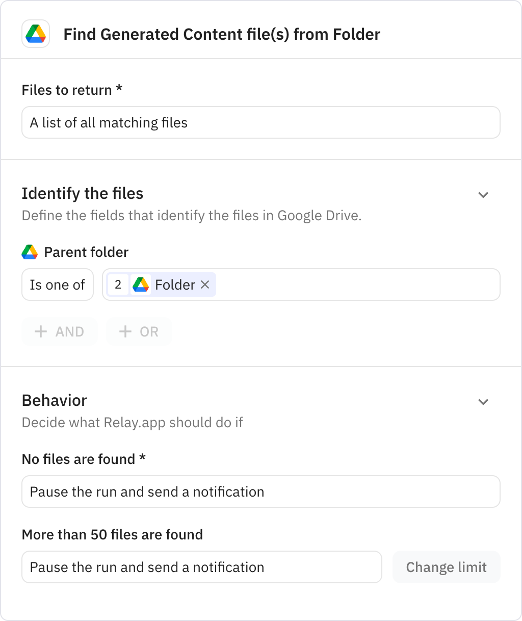 Relay.app screenshot of: Find Generated Content file(s) from Folder