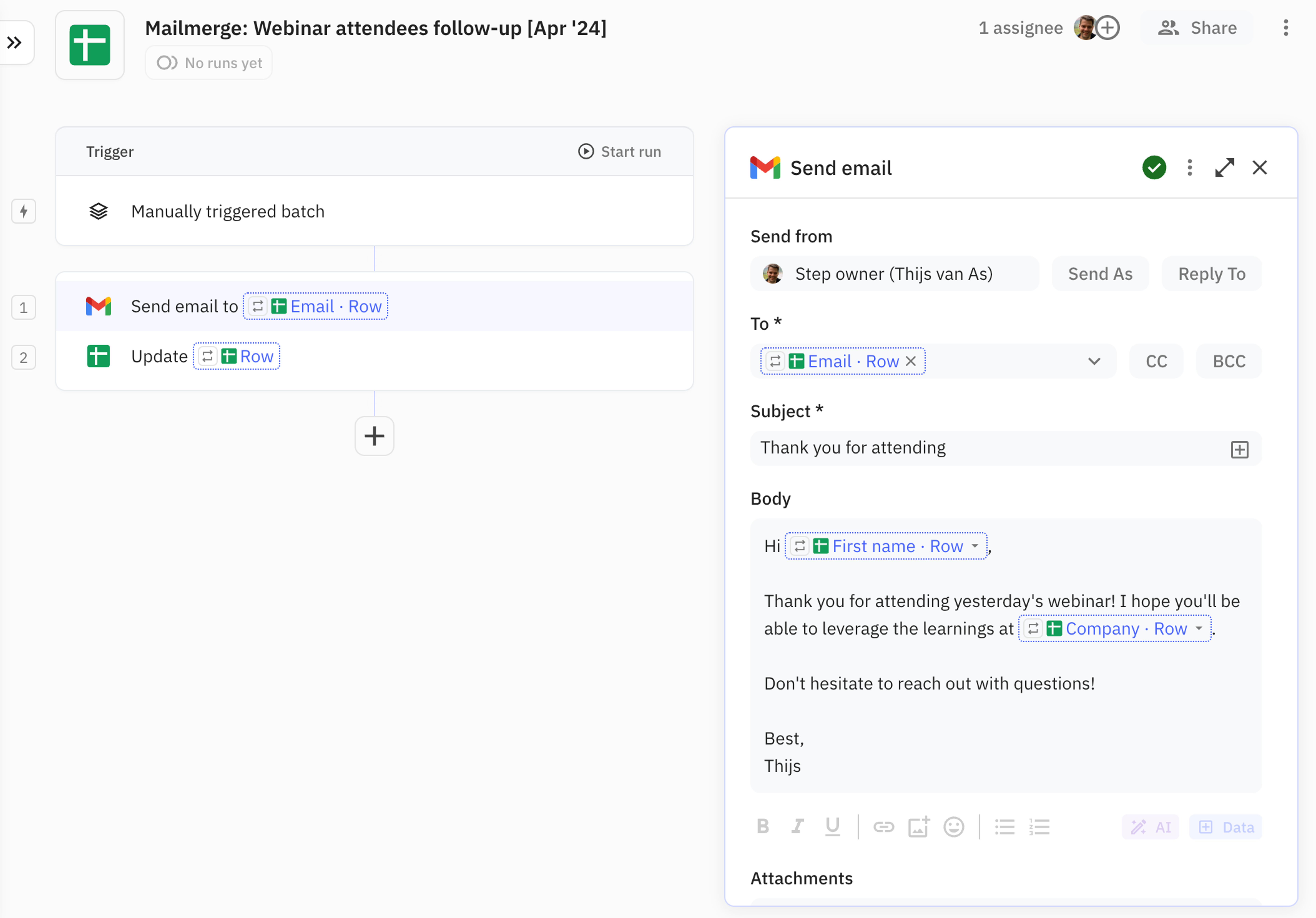 Configure a Gmail - Send email step using the templated values from the mail merge spreadsheet