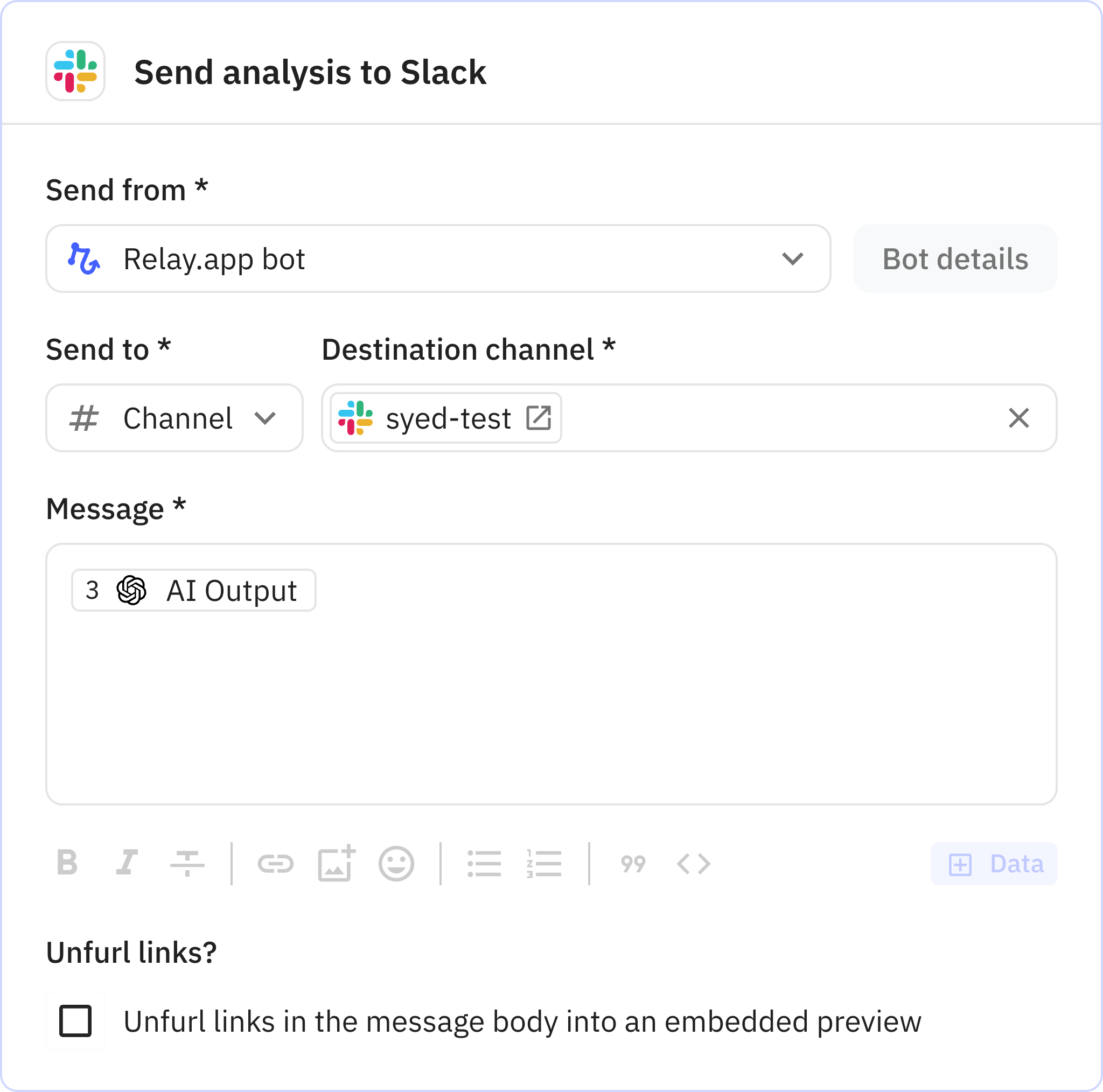 Relay.app screenshot of: Step 4: Send analysis to Slack