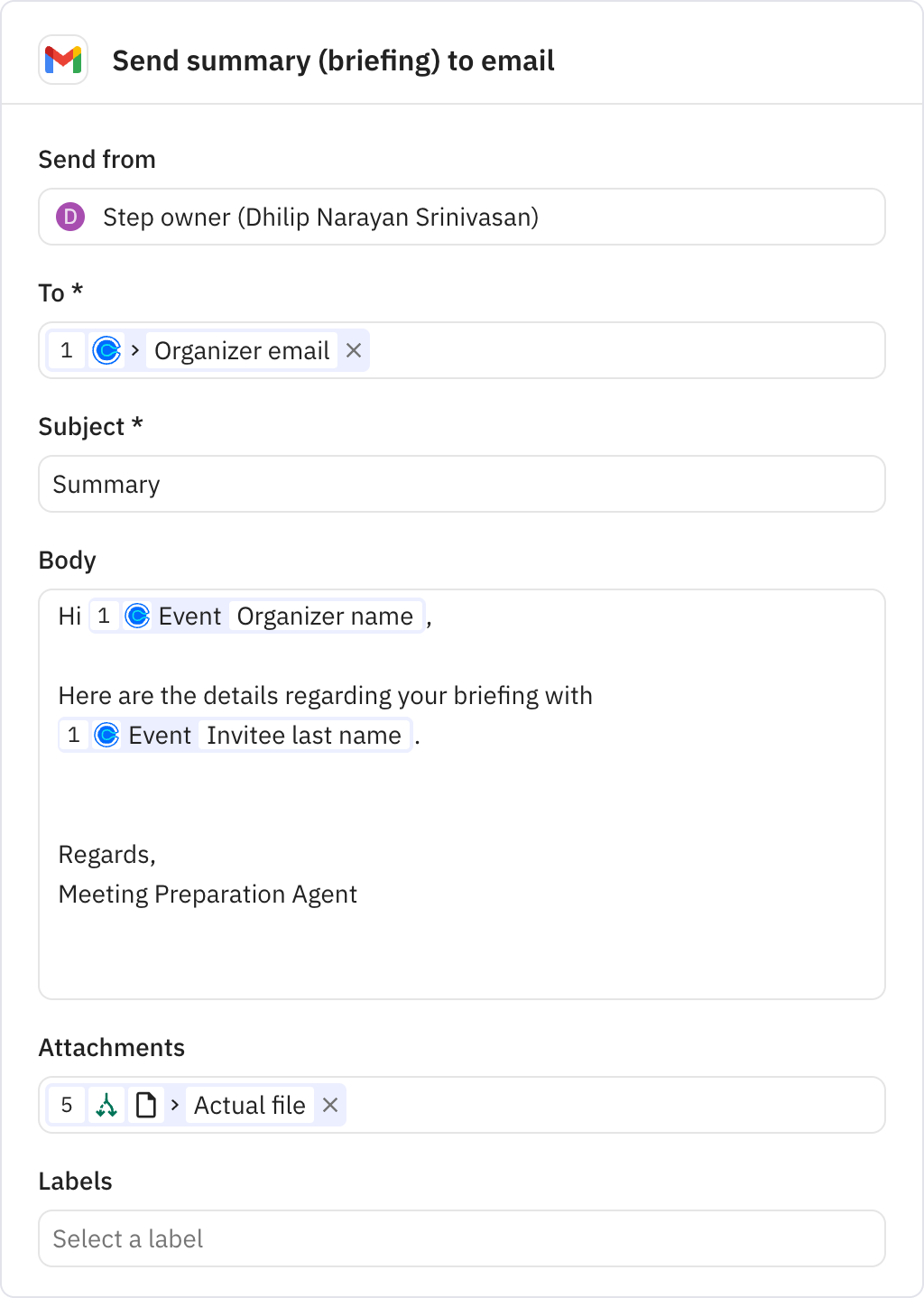 Relay.app screenshot of: Send summary (briefing) to email