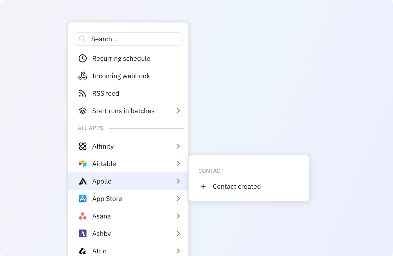 Preview of Use Relay.app's Apollo integration to trigger actions across your apps
