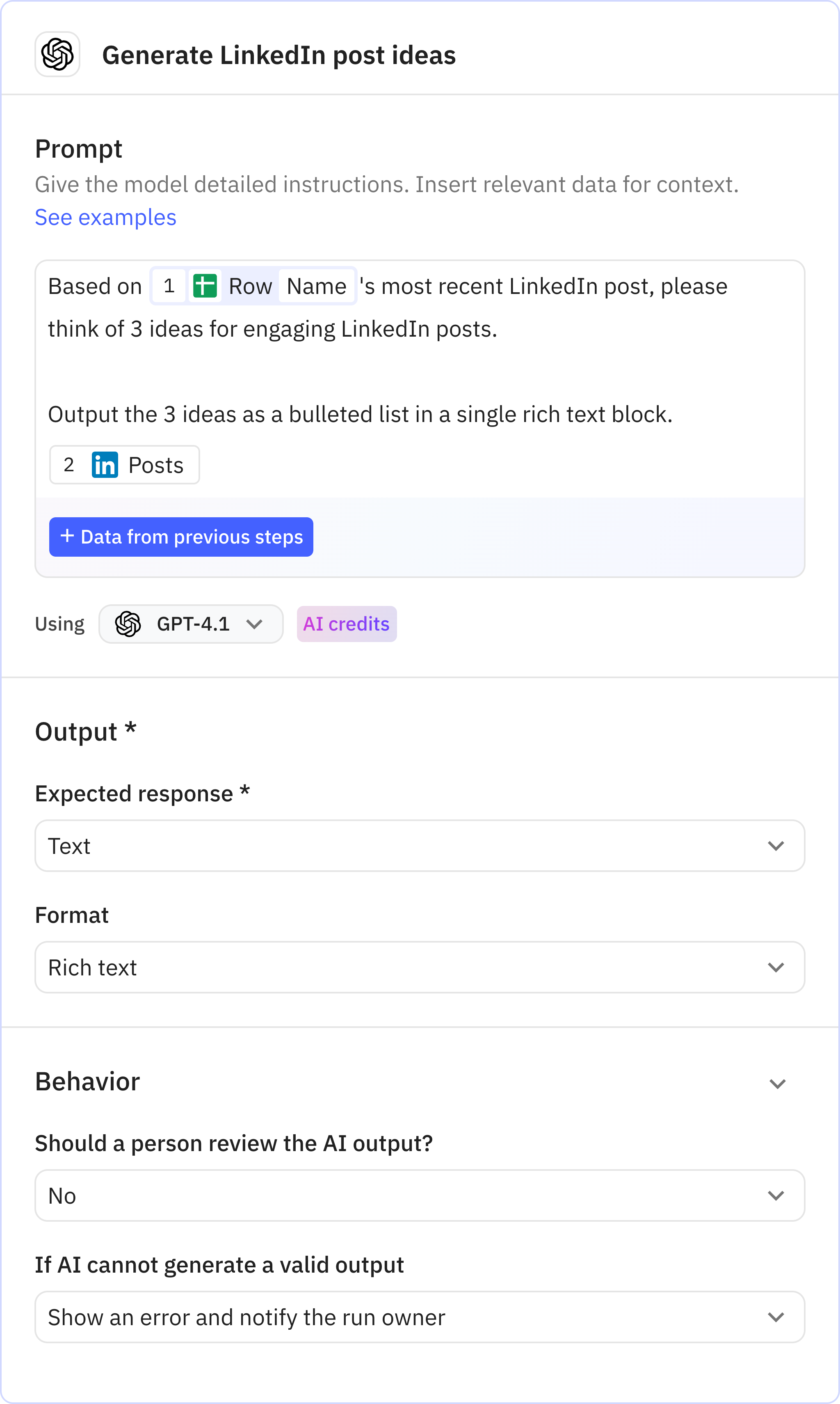 Relay.app screenshot of: Generate LinkedIn post ideas