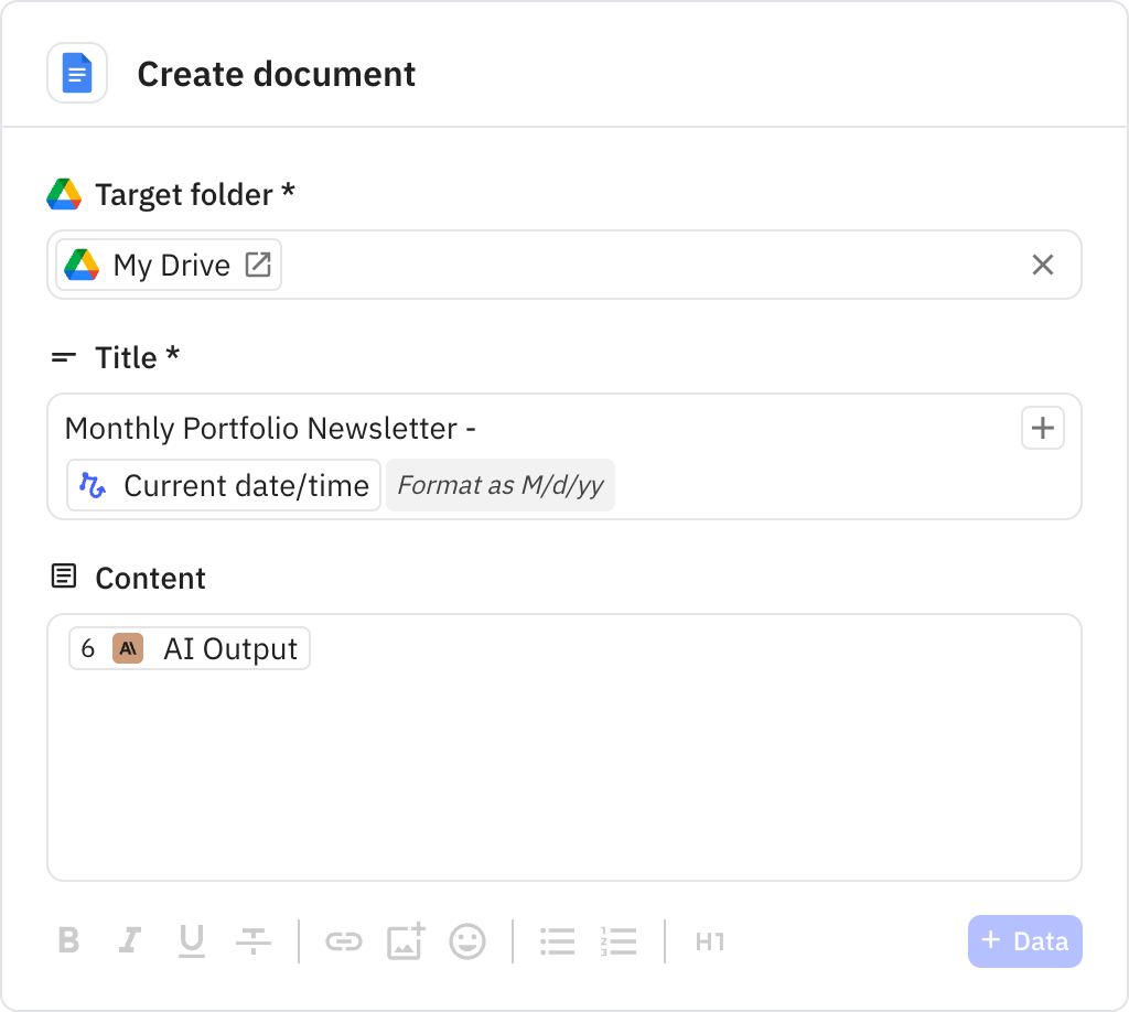 Relay.app screenshot of: Create document