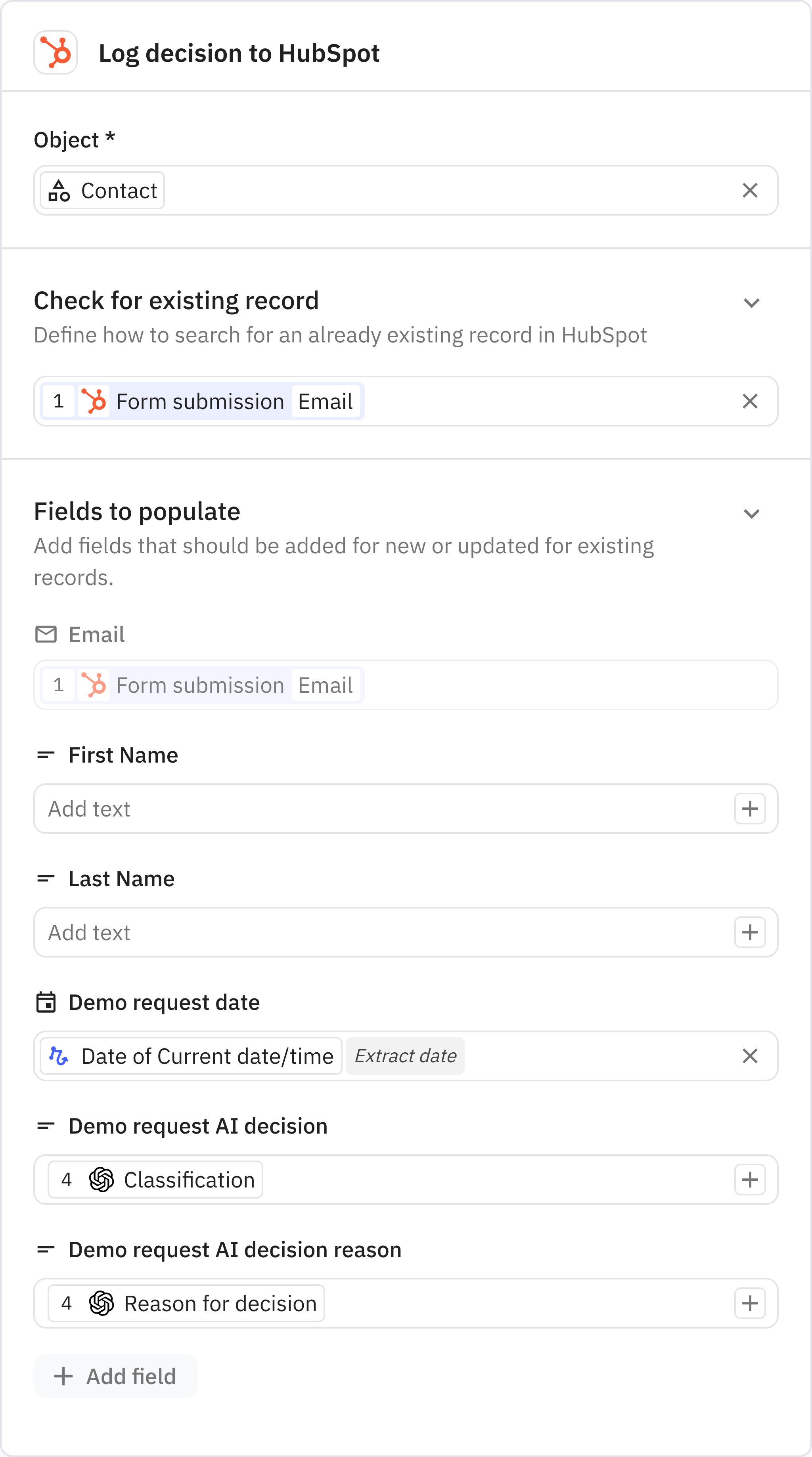 Relay.app screenshot of: Log decision to HubSpot