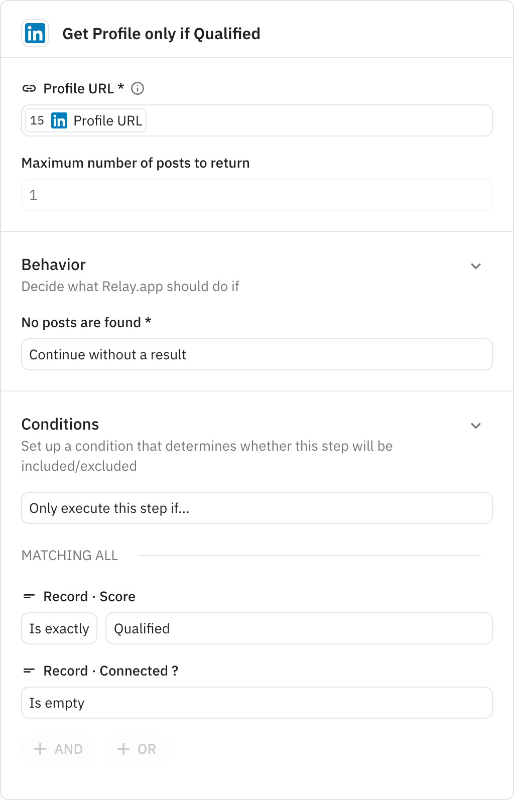 Relay.app screenshot of: Get Profile only if Qualified