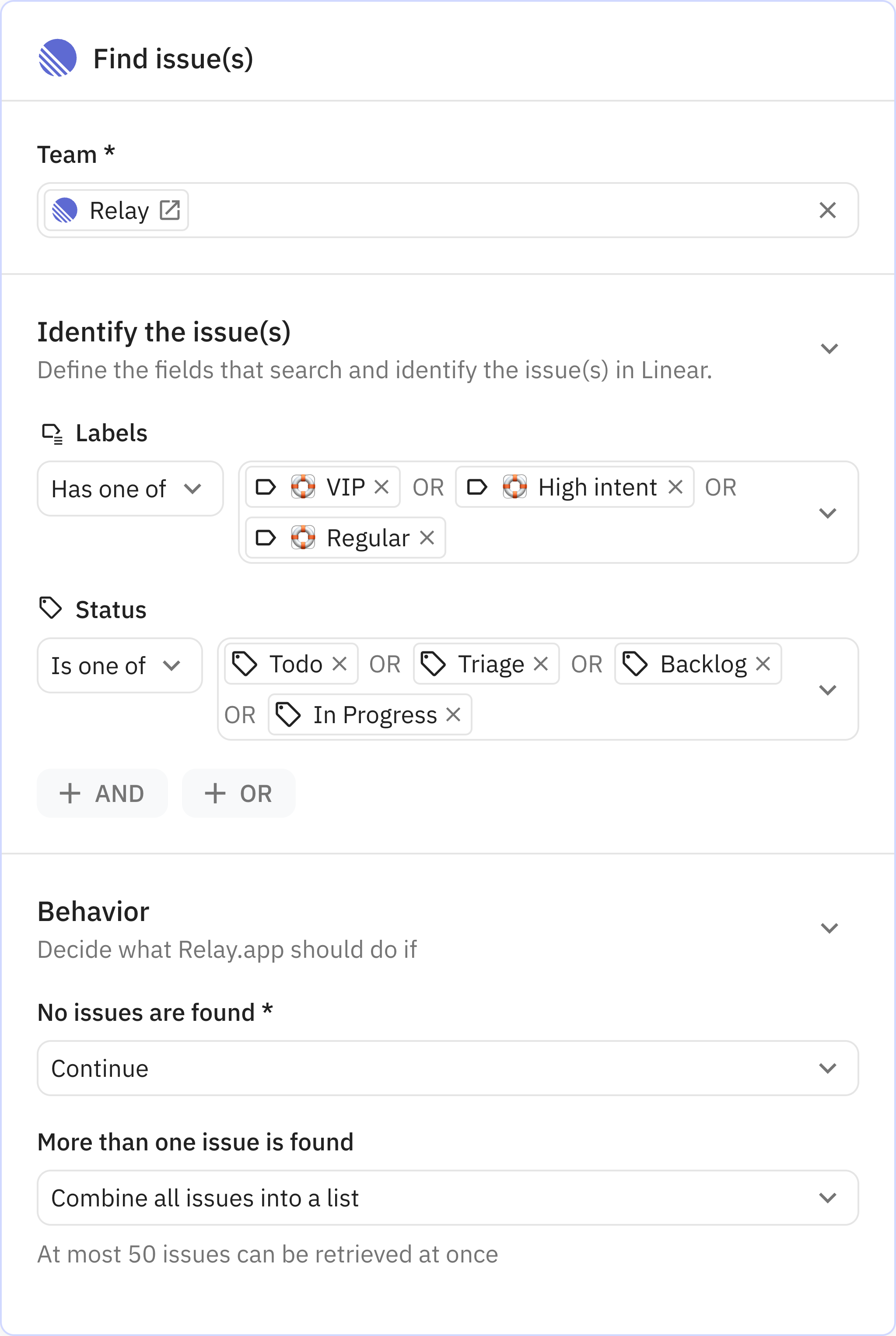 Relay.app screenshot of: Find issue(s)