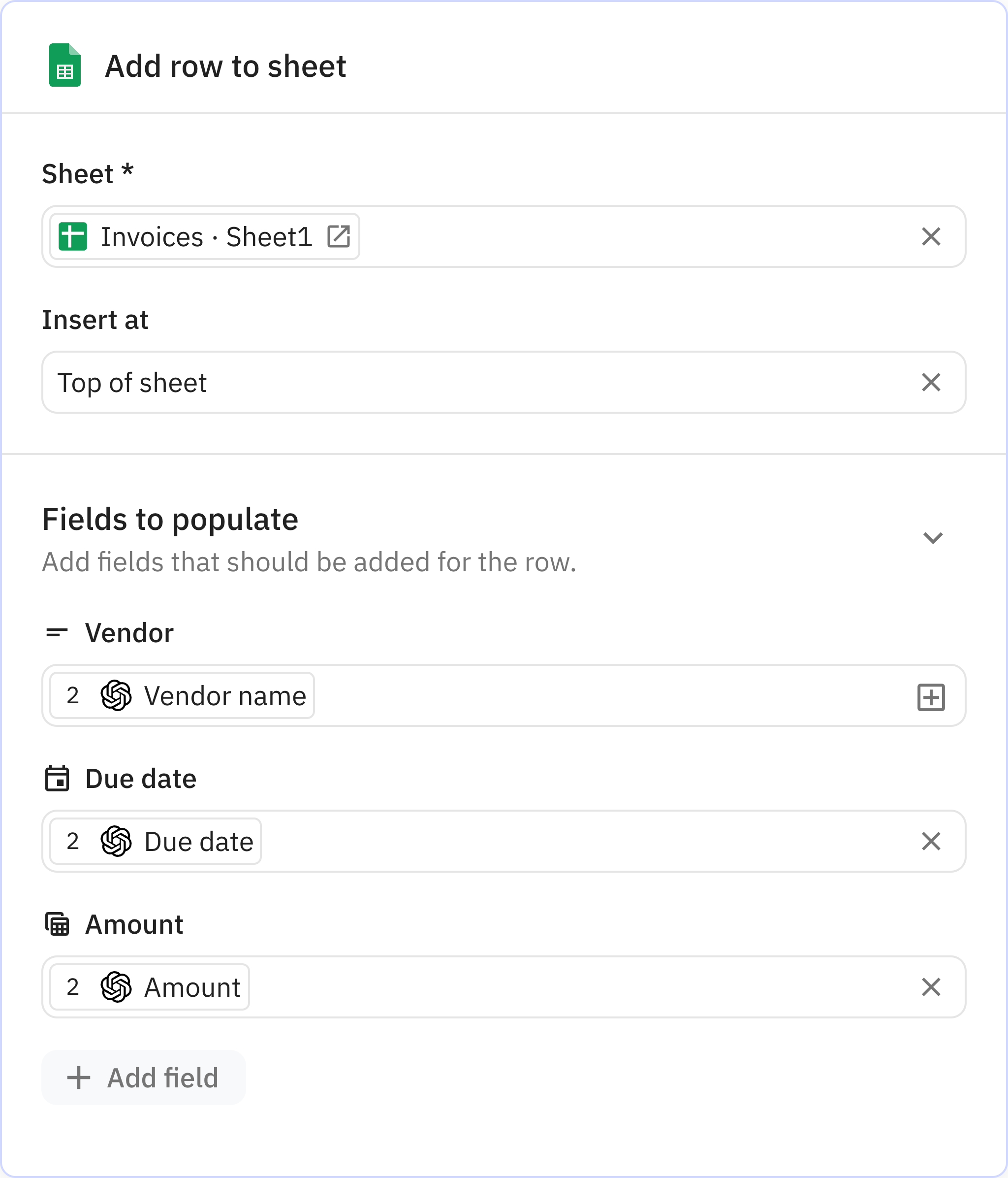 Relay.app screenshot of: Add row to sheet