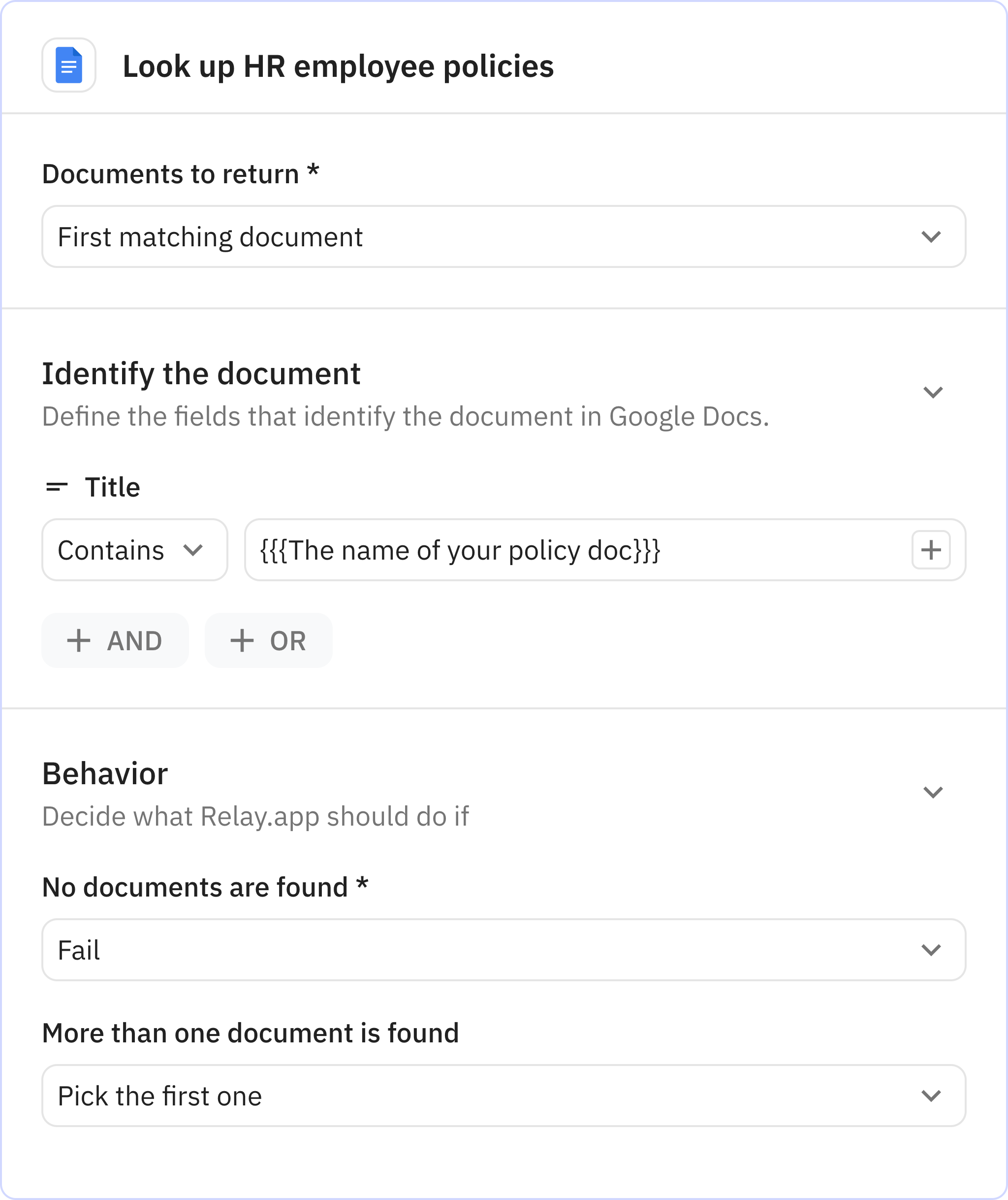 Relay.app screenshot of: Look up HR employee policies