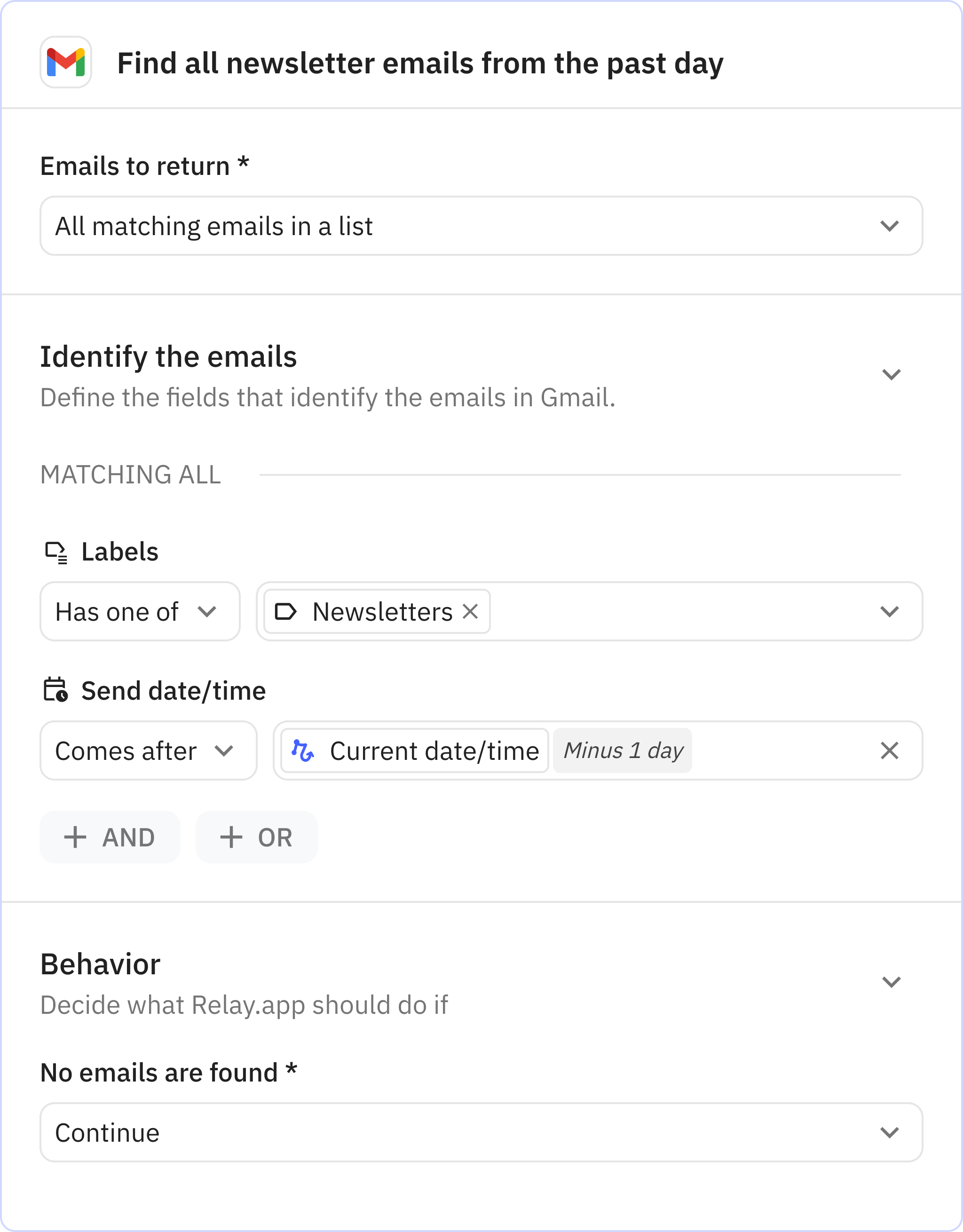 Relay.app screenshot of: Step 2: Find all newsletter emails from the past day