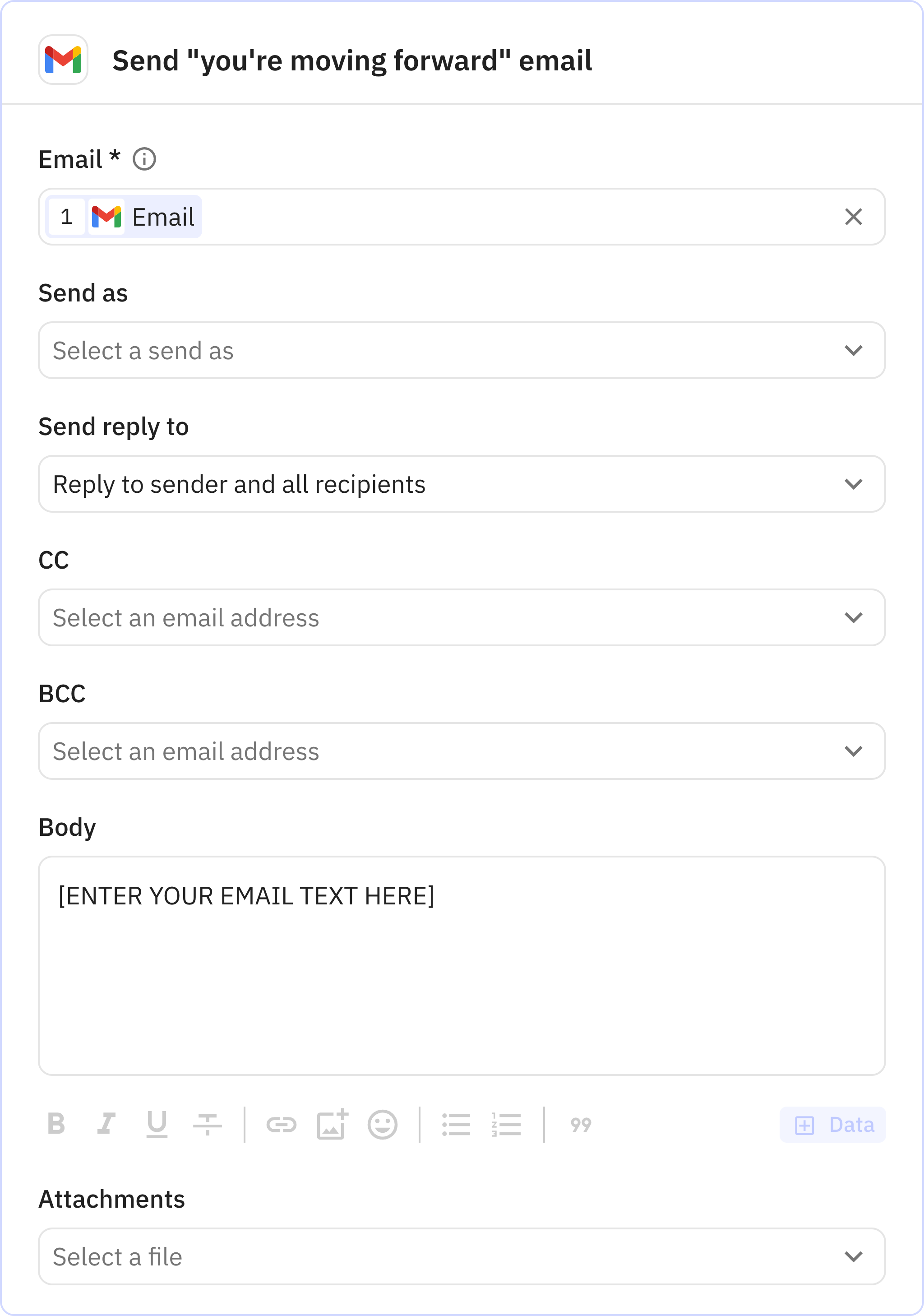 Relay.app screenshot of: Send "you're moving forward" email