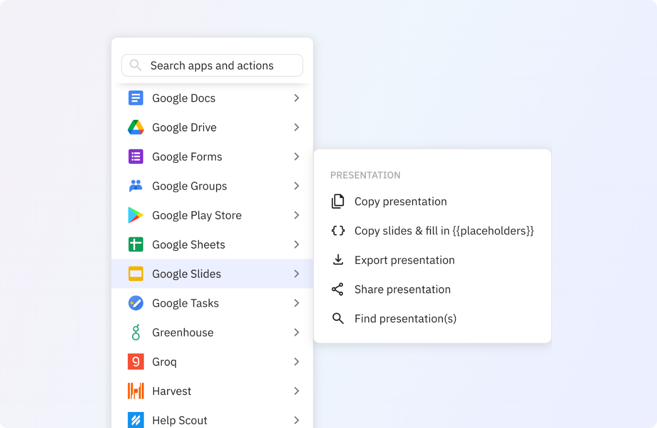 Preview of Use any of these Google Slides actions in your Relay.app workflows