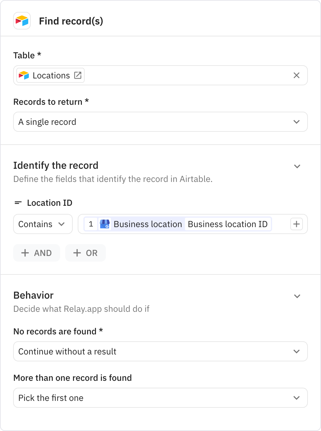 Relay.app screenshot of: Find record(s)