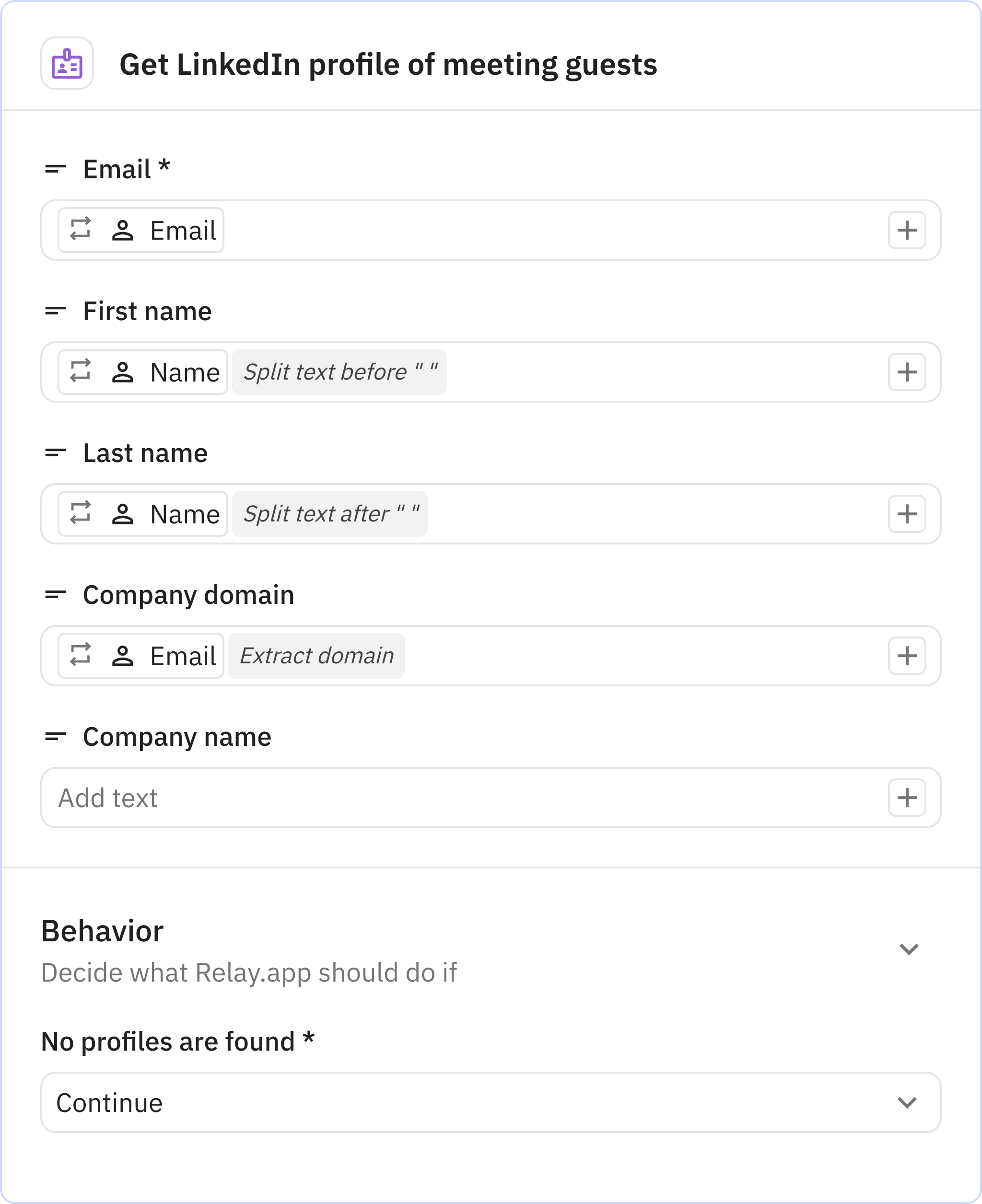 Relay.app screenshot of: Get LinkedIn profile of meeting guests
