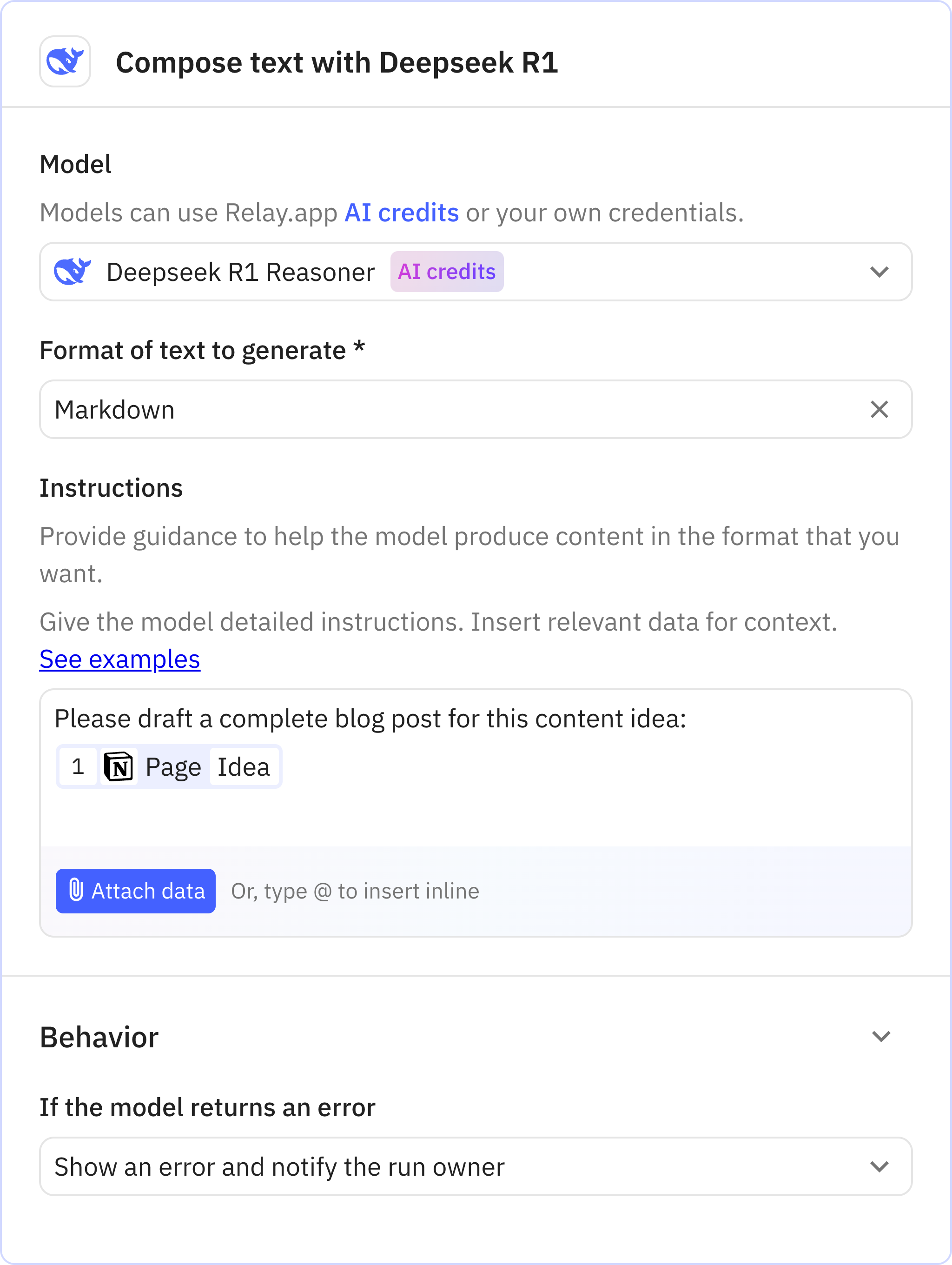 Relay.app screenshot of: Step 2: Compose text with Deepseek R1