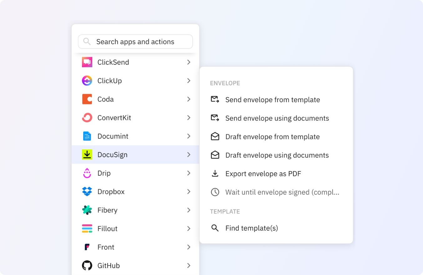 Preview of Use any of these DocuSign actions in your Relay.app workflows.